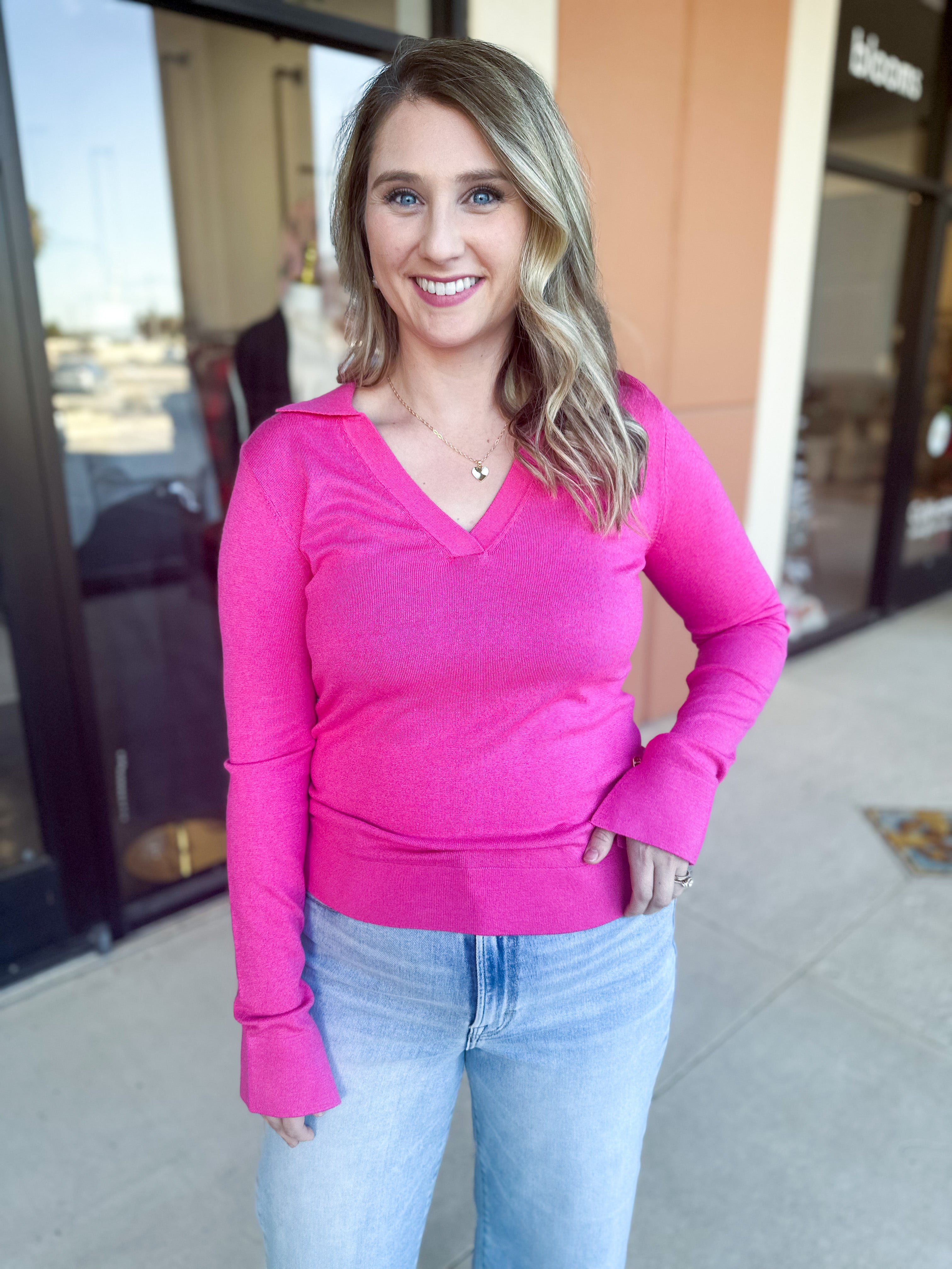Collared Knit Long Sleeve - Hot Pink-230 Sweaters/Cardis-SKIES ARE BLUE-July & June Women's Fashion Boutique Located in San Antonio, Texas
