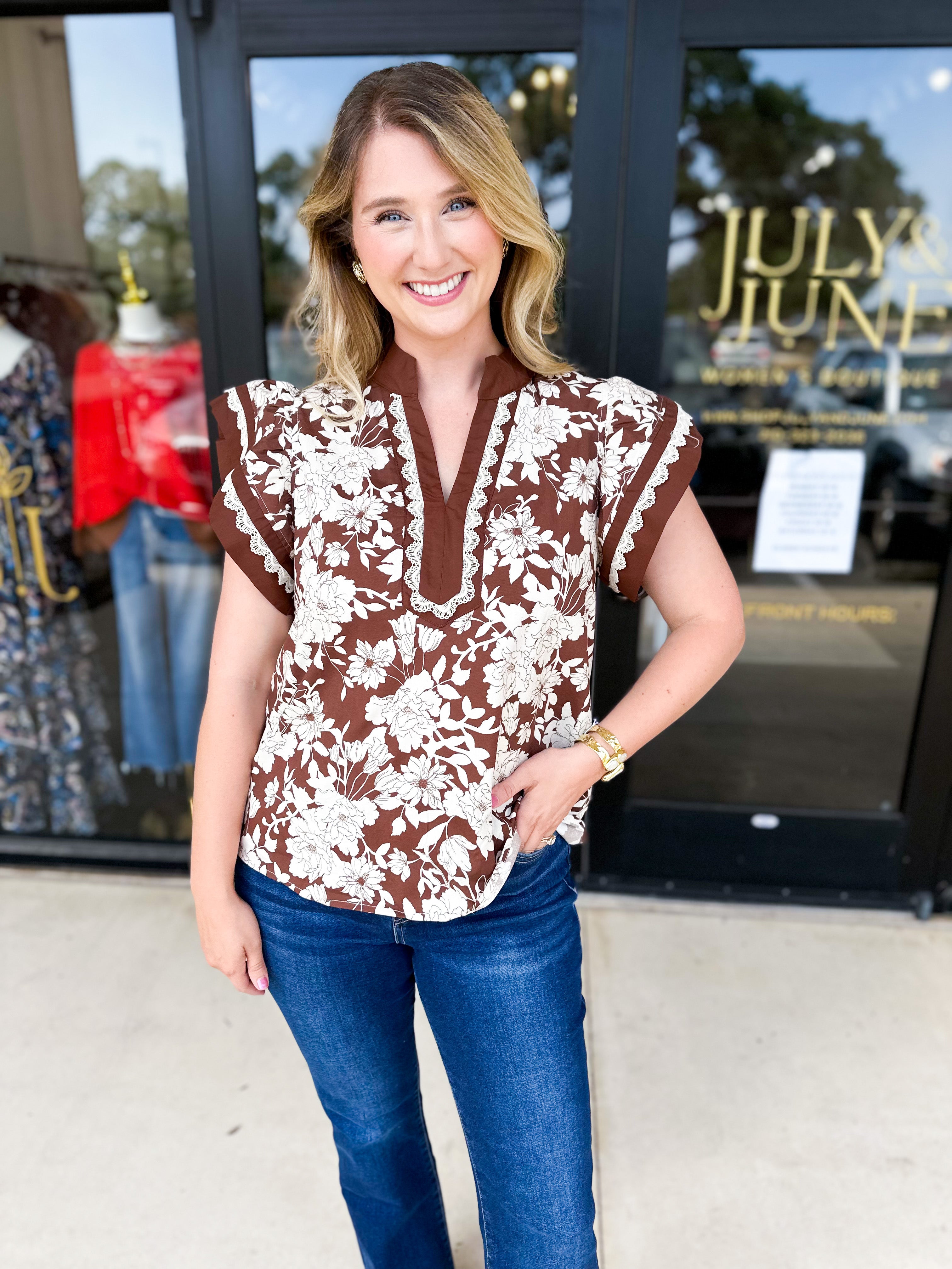 Mocha Floral Blouse-200 Fashion Blouses-ENTRO-July & June Women's Fashion Boutique Located in San Antonio, Texas