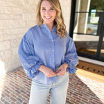 Pinstripe Bubble Sleeve Blouse - Baby Blue-200 Fashion Blouses-FATE-July & June Women's Fashion Boutique Located in San Antonio, Texas