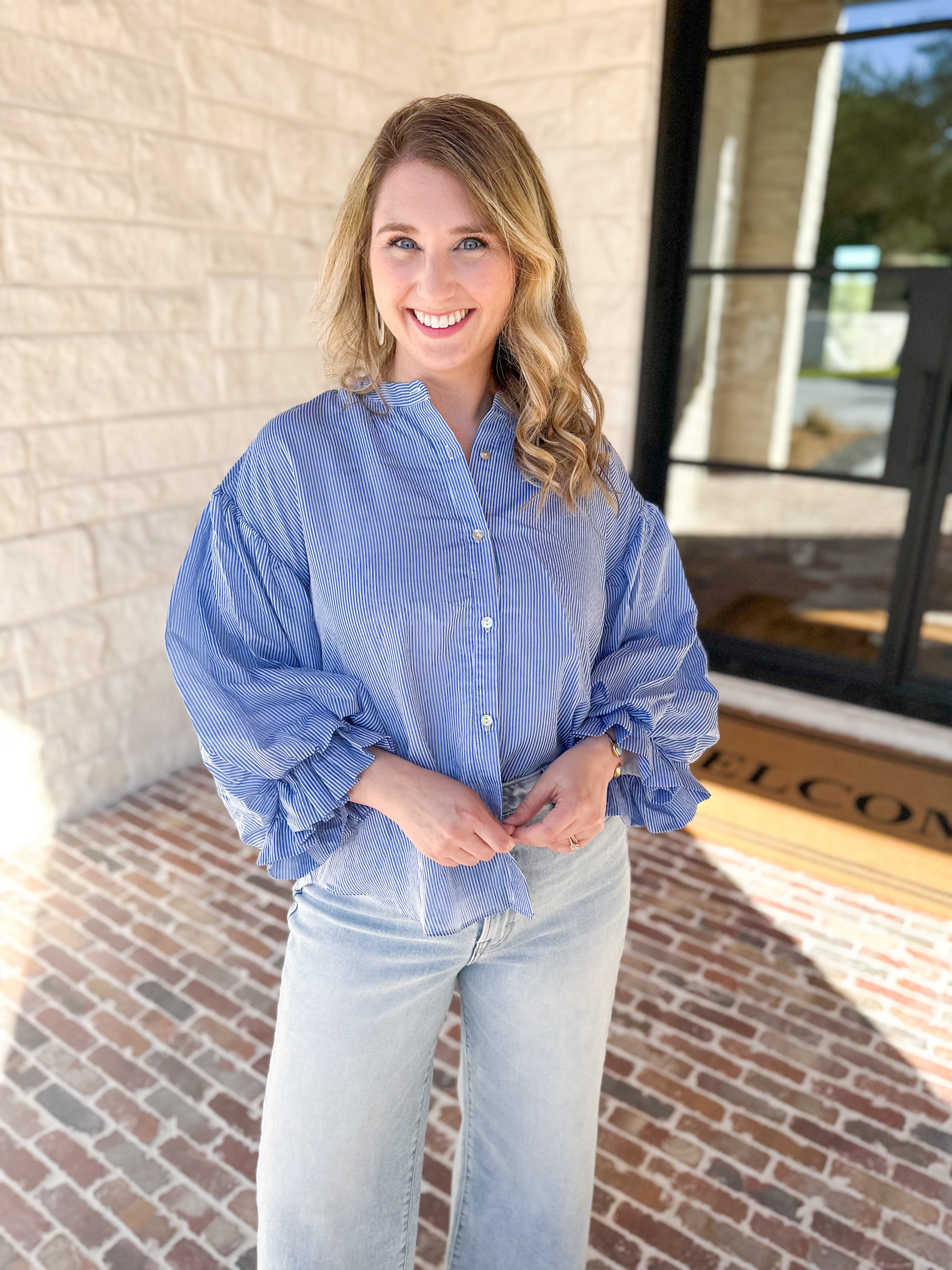 Pinstripe Bubble Sleeve Blouse - Baby Blue-200 Fashion Blouses-FATE-July & June Women's Fashion Boutique Located in San Antonio, Texas
