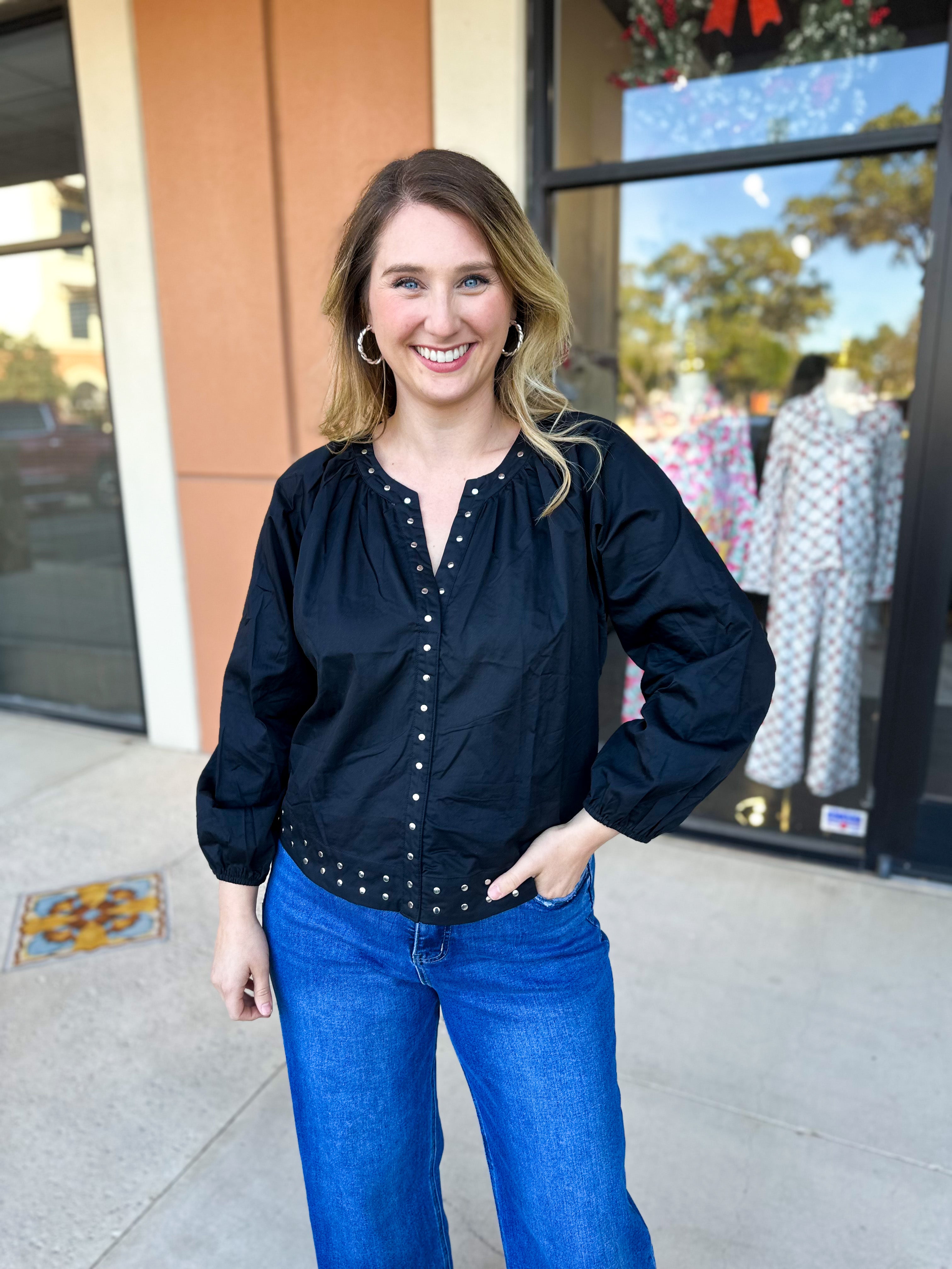 Studded Black Blouse-200 Fashion Blouses-TCEC-July & June Women's Fashion Boutique Located in San Antonio, Texas