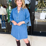 Denim Bell Sleeve Mini Dress-510 Mini-JODIFL-July & June Women's Fashion Boutique Located in San Antonio, Texas