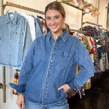 Washed Denim Button Down Shirt - Medium Wash-200 Fashion Blouses-BLUIVY-July & June Women's Fashion Boutique Located in San Antonio, Texas
