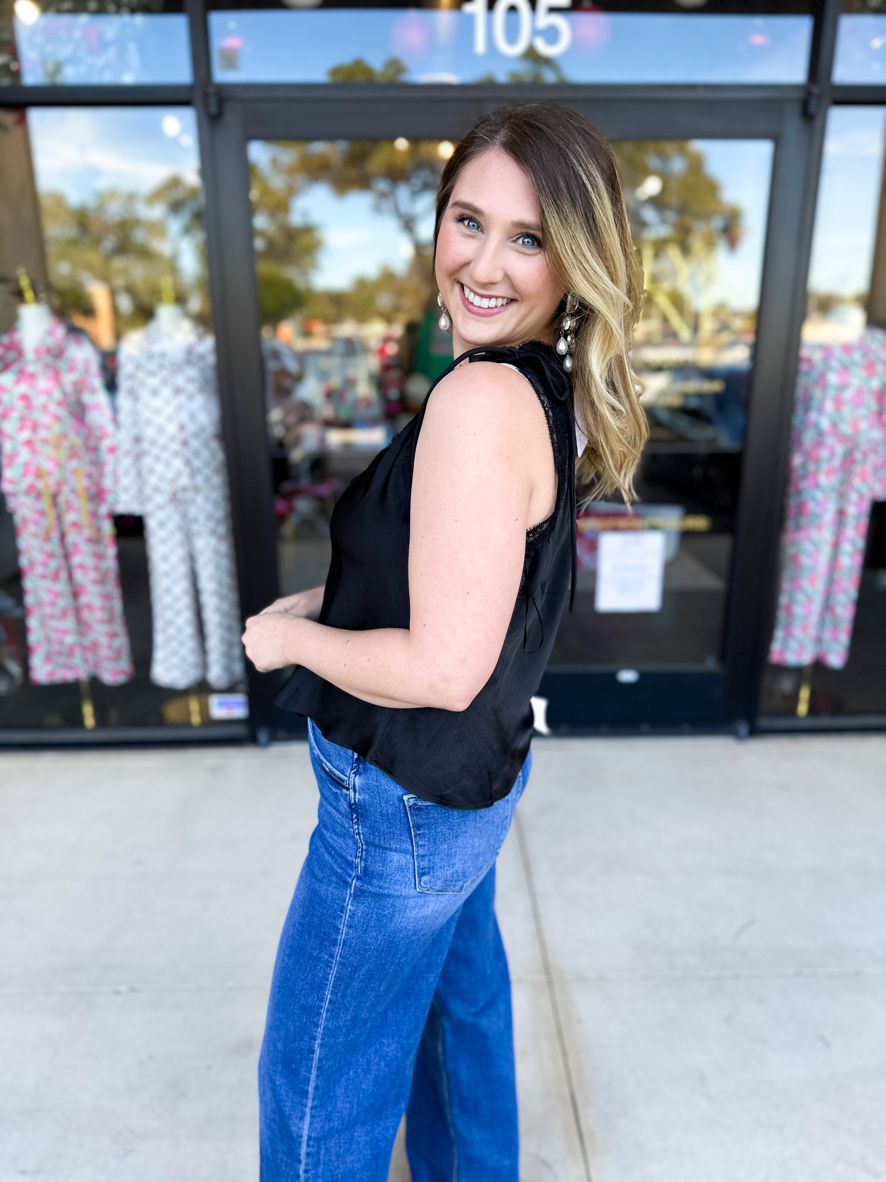 V-Neck Lacy Cami-200 Fashion Blouses-SKIES ARE BLUE-July & June Women's Fashion Boutique Located in San Antonio, Texas