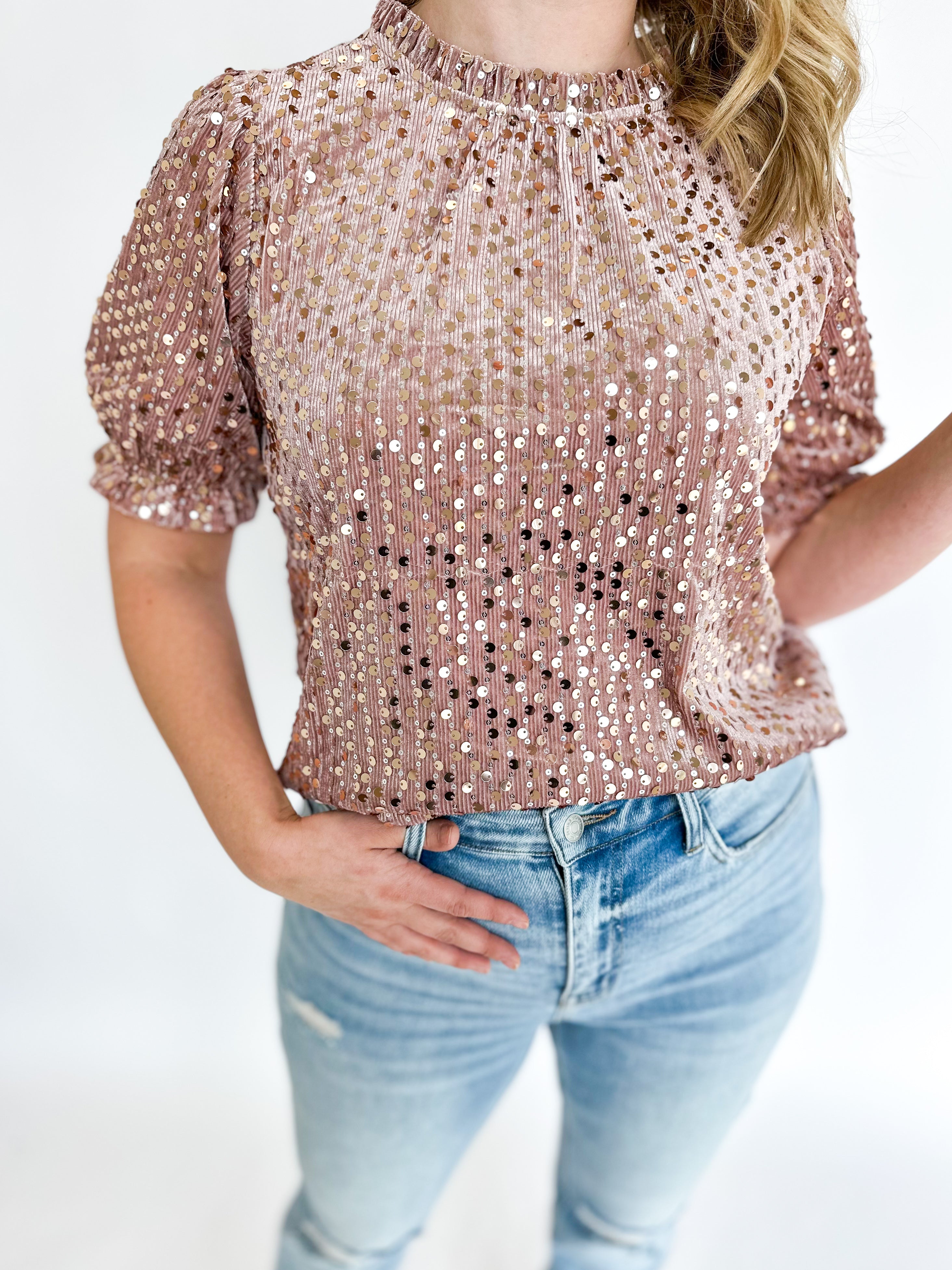 Blush Sequin Party Blouse-200 Fashion Blouses-THML-July & June Women's Fashion Boutique Located in San Antonio, Texas
