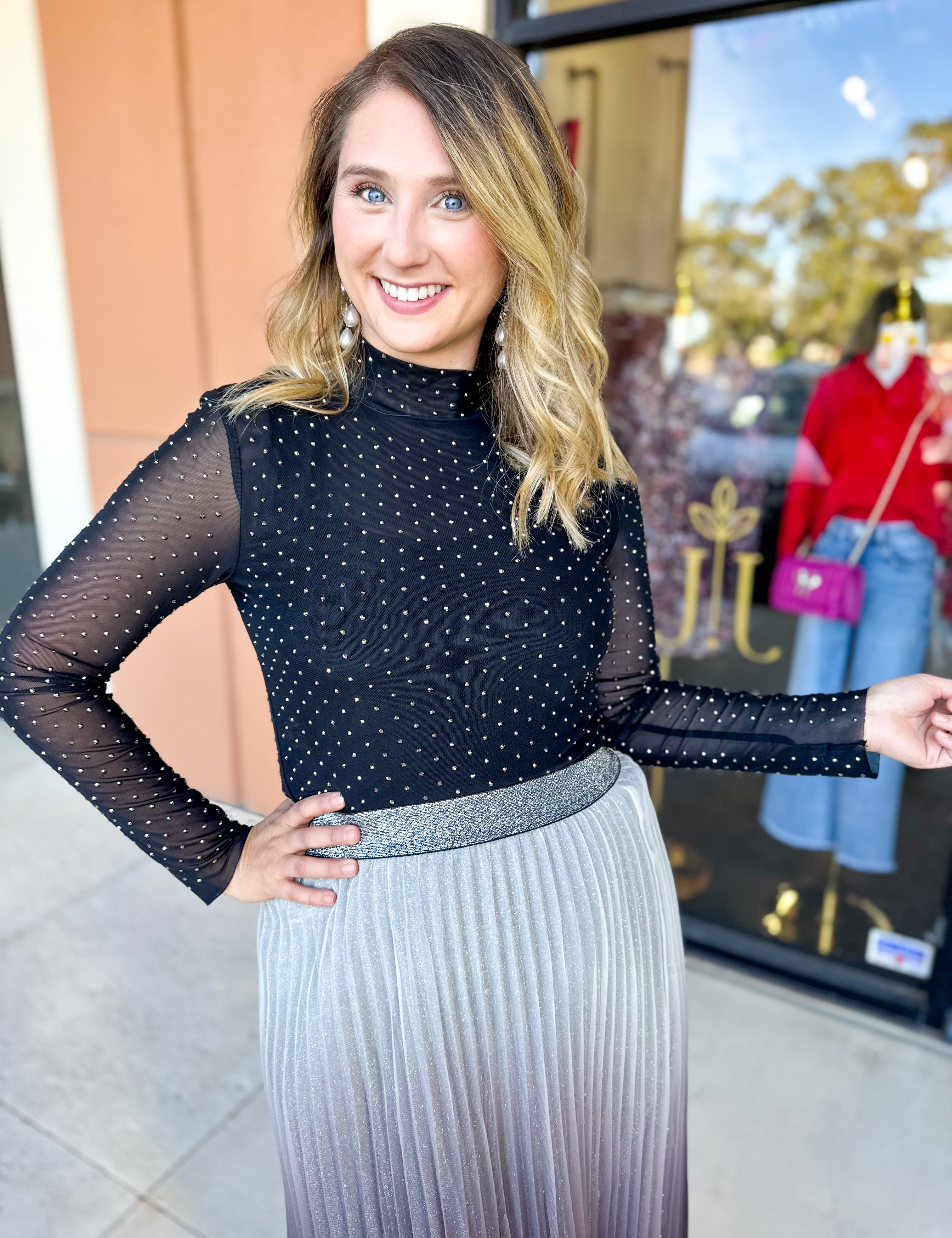 Sheer Rhinestone Long Sleeve Top - Black-200 Fashion Blouses-SKIES ARE BLUE-July & June Women's Fashion Boutique Located in San Antonio, Texas