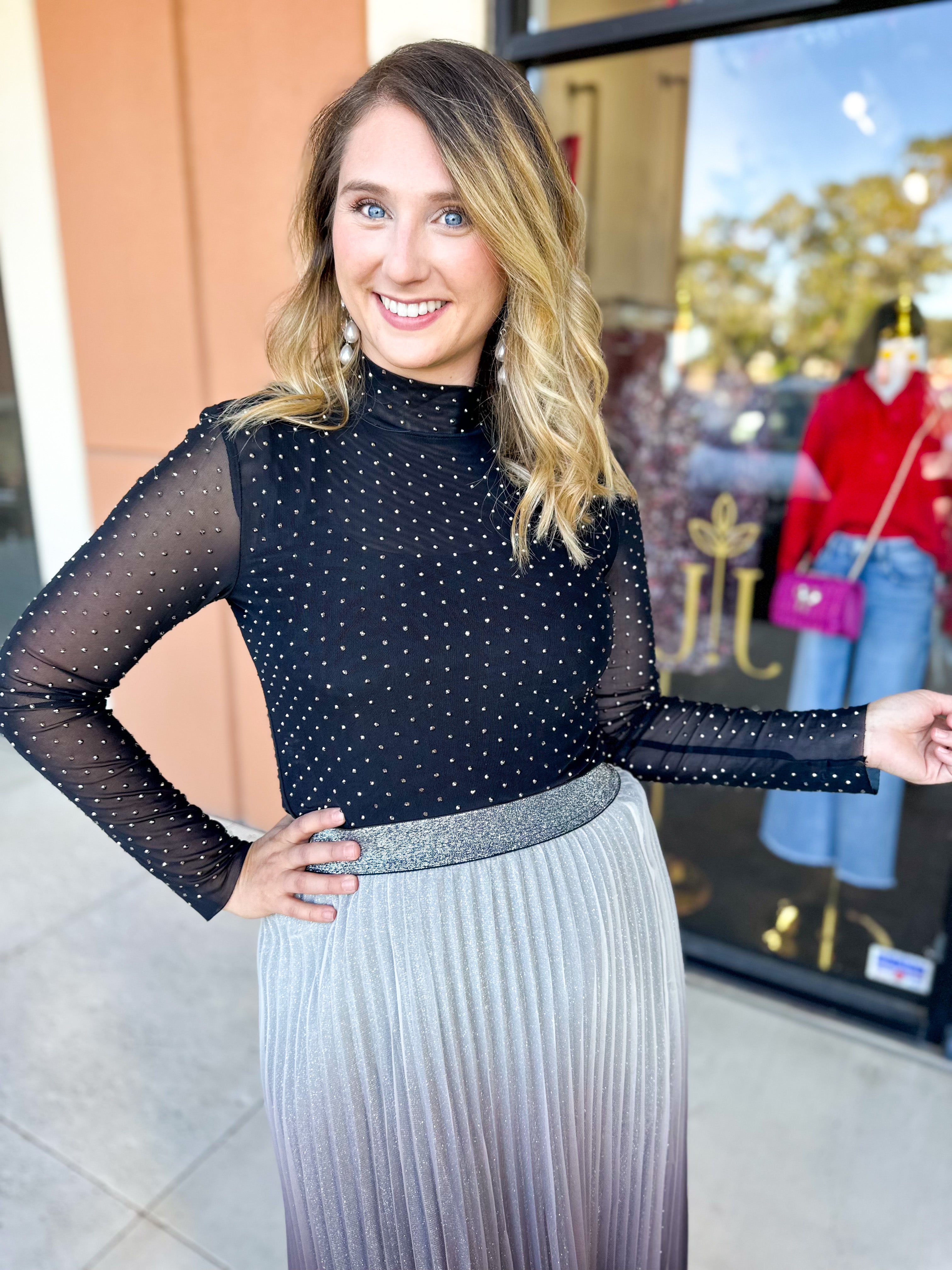 Sheer Rhinestone Long Sleeve Top - Black-200 Fashion Blouses-SKIES ARE BLUE-July & June Women's Fashion Boutique Located in San Antonio, Texas