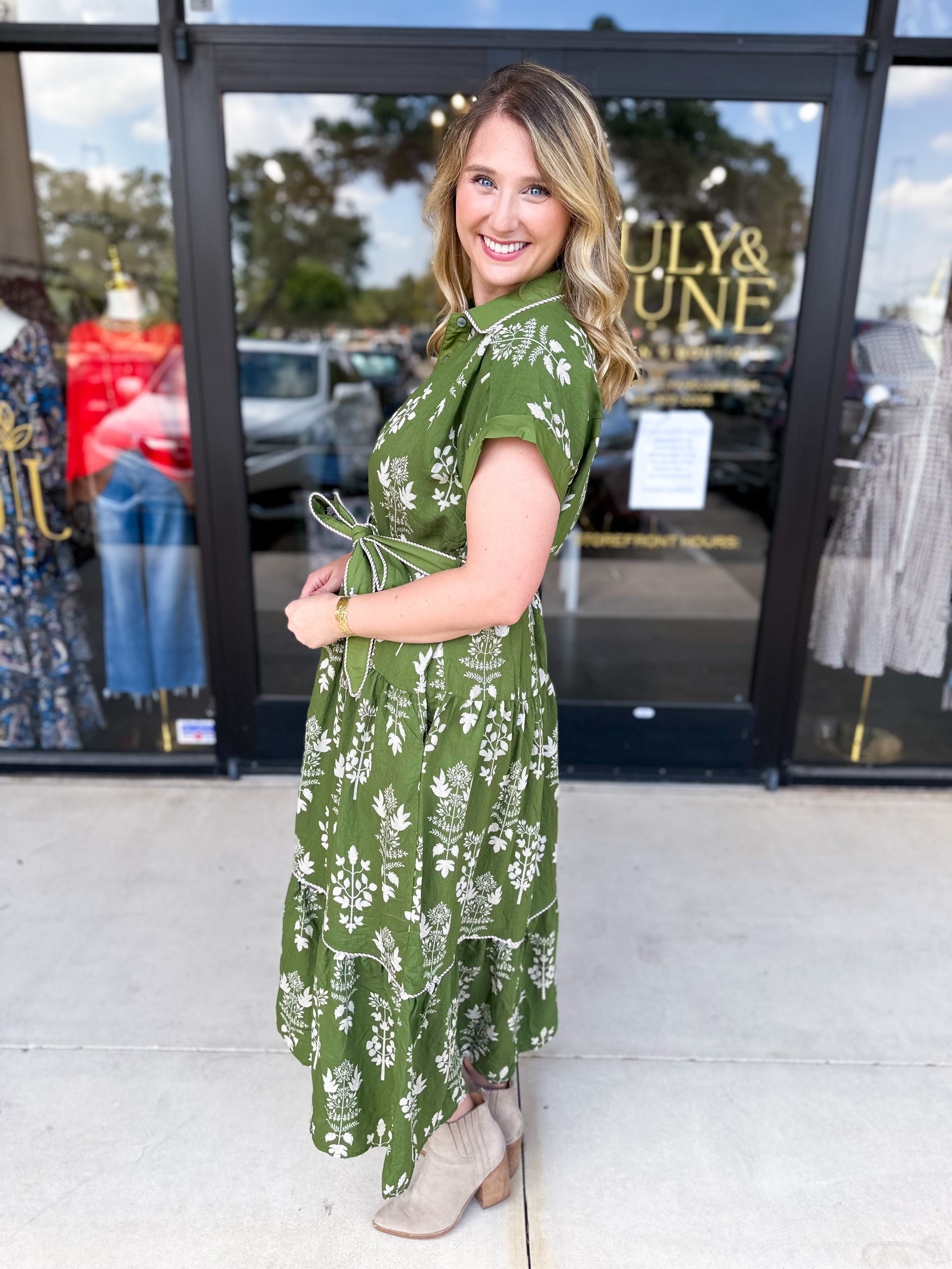 The Kailey Midi Dress - Olive-500 Midi-ENTRO-July & June Women's Fashion Boutique Located in San Antonio, Texas