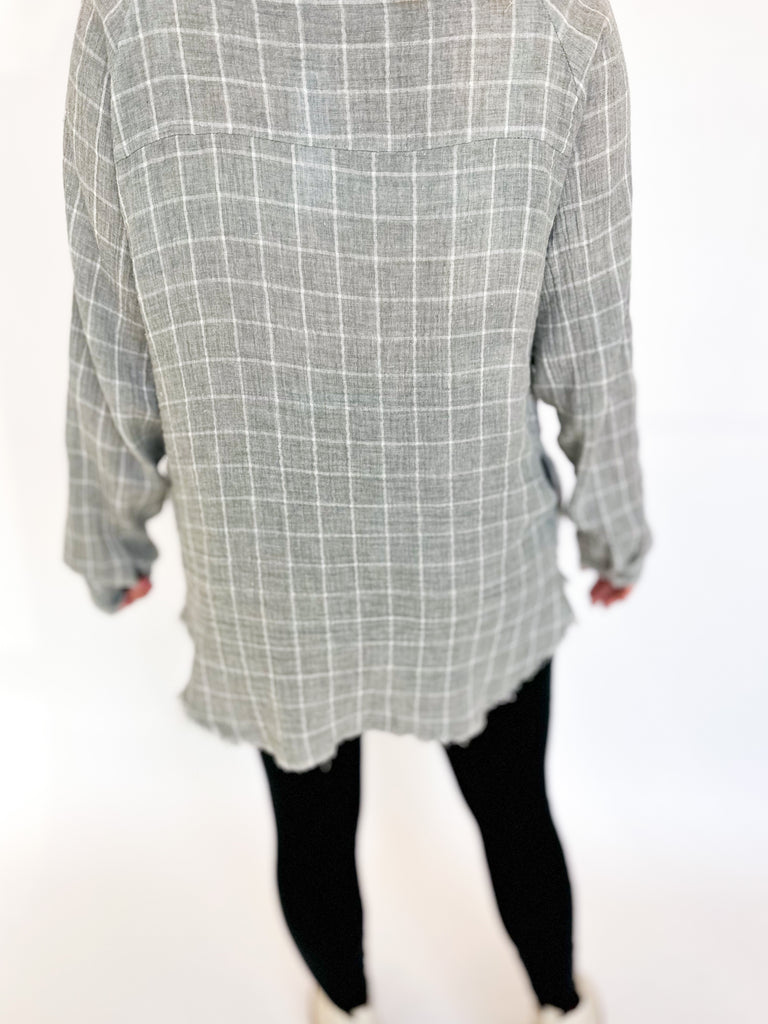 Distressed Checkered Button Down- Heather Grey-200 Fashion Blouses-DAY + MOON-July & June Women's Fashion Boutique Located in San Antonio, Texas