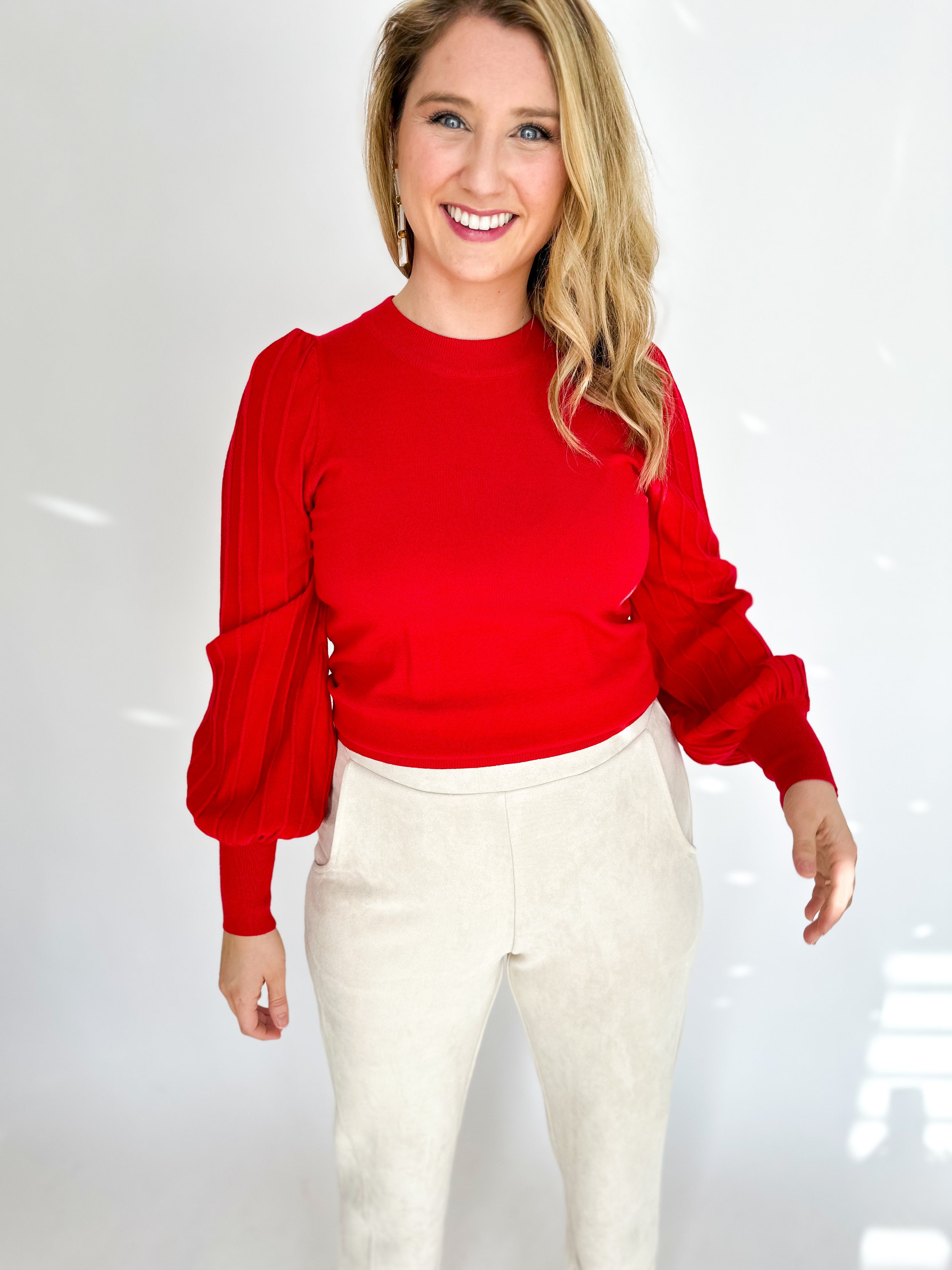 Pleated Sweater- Red-230 Sweaters/Cardis-&MERCI-July & June Women's Fashion Boutique Located in San Antonio, Texas
