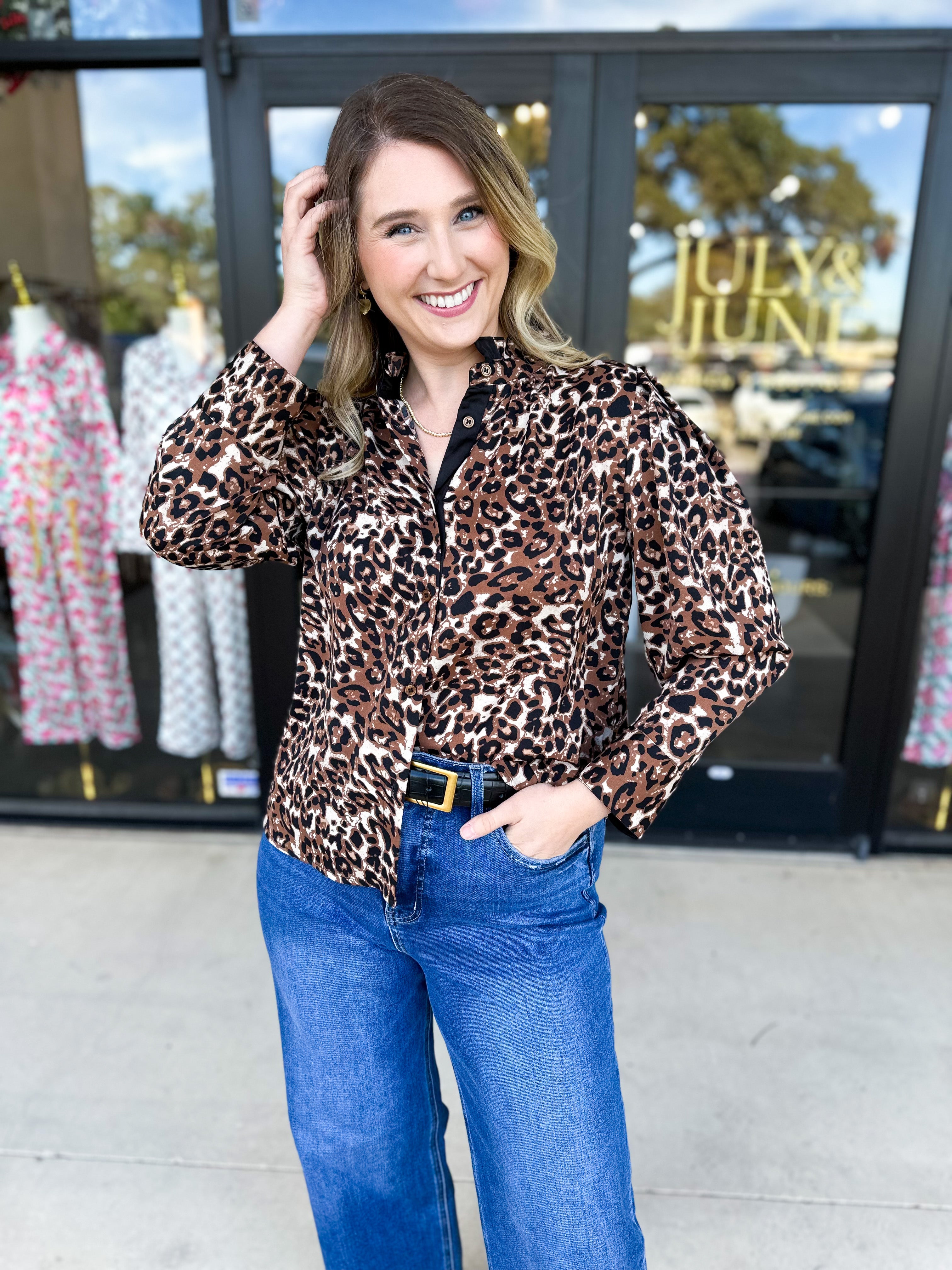 Golden Animal Print Blouse-200 Fashion Blouses-JODIFL-July & June Women's Fashion Boutique Located in San Antonio, Texas
