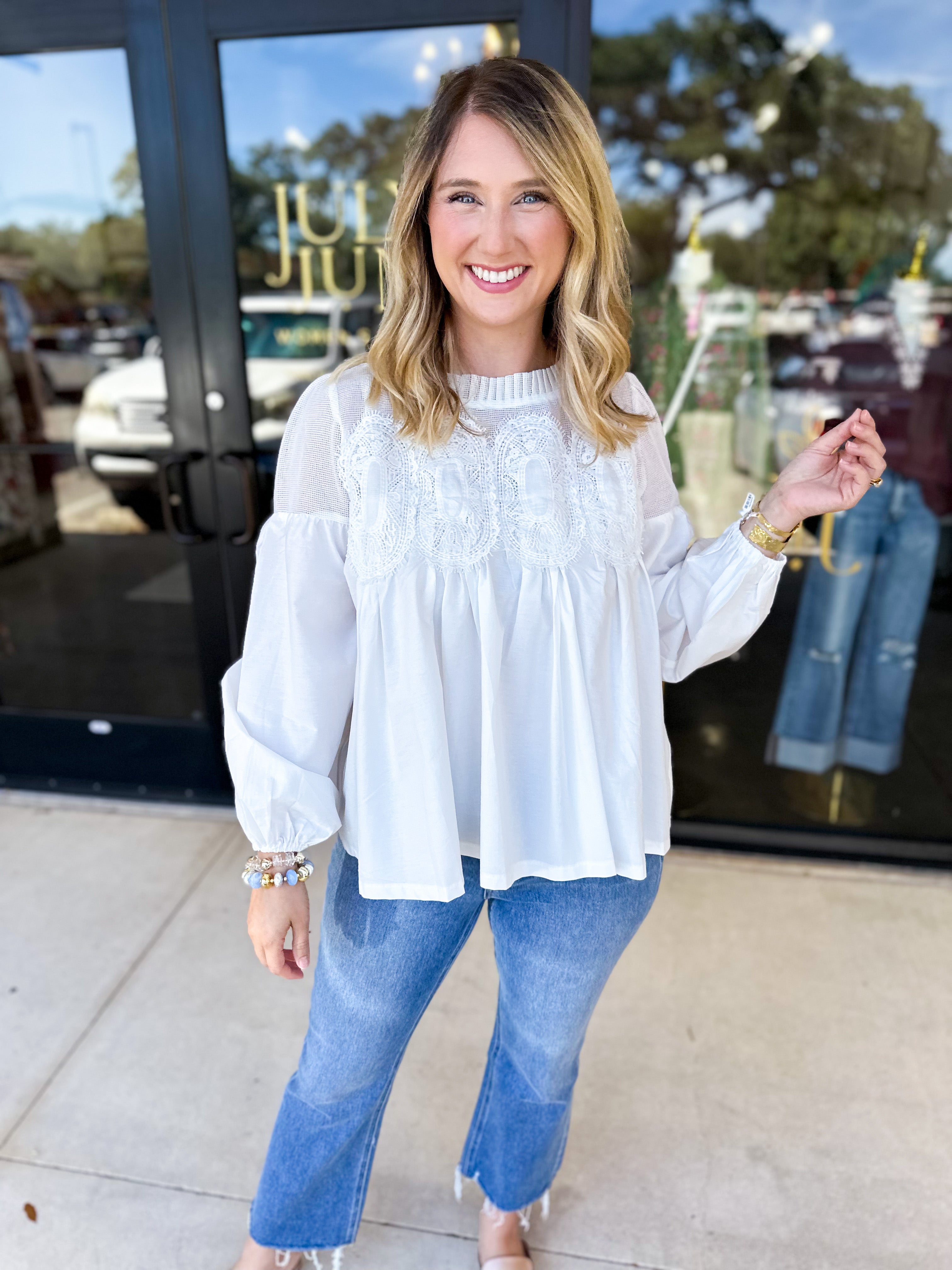 The Lace Details Blouse Long Sleeve - Ivory-200 Fashion Blouses-FATE-July & June Women's Fashion Boutique Located in San Antonio, Texas