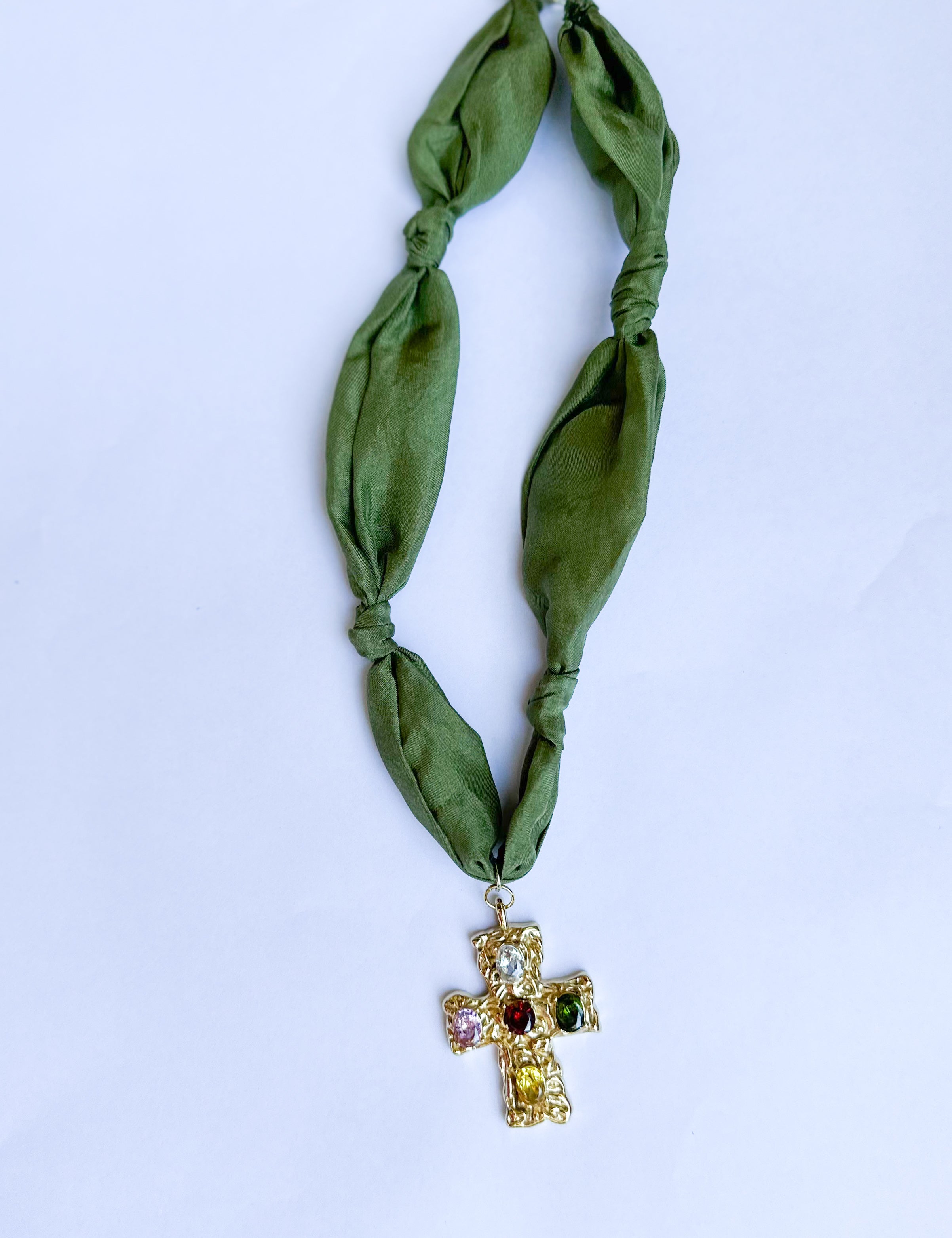 Scarf Necklace - Olive Gemstone Cross-110 Jewelry & Hair-HART DESIGNS-July & June Women's Fashion Boutique Located in San Antonio, Texas
