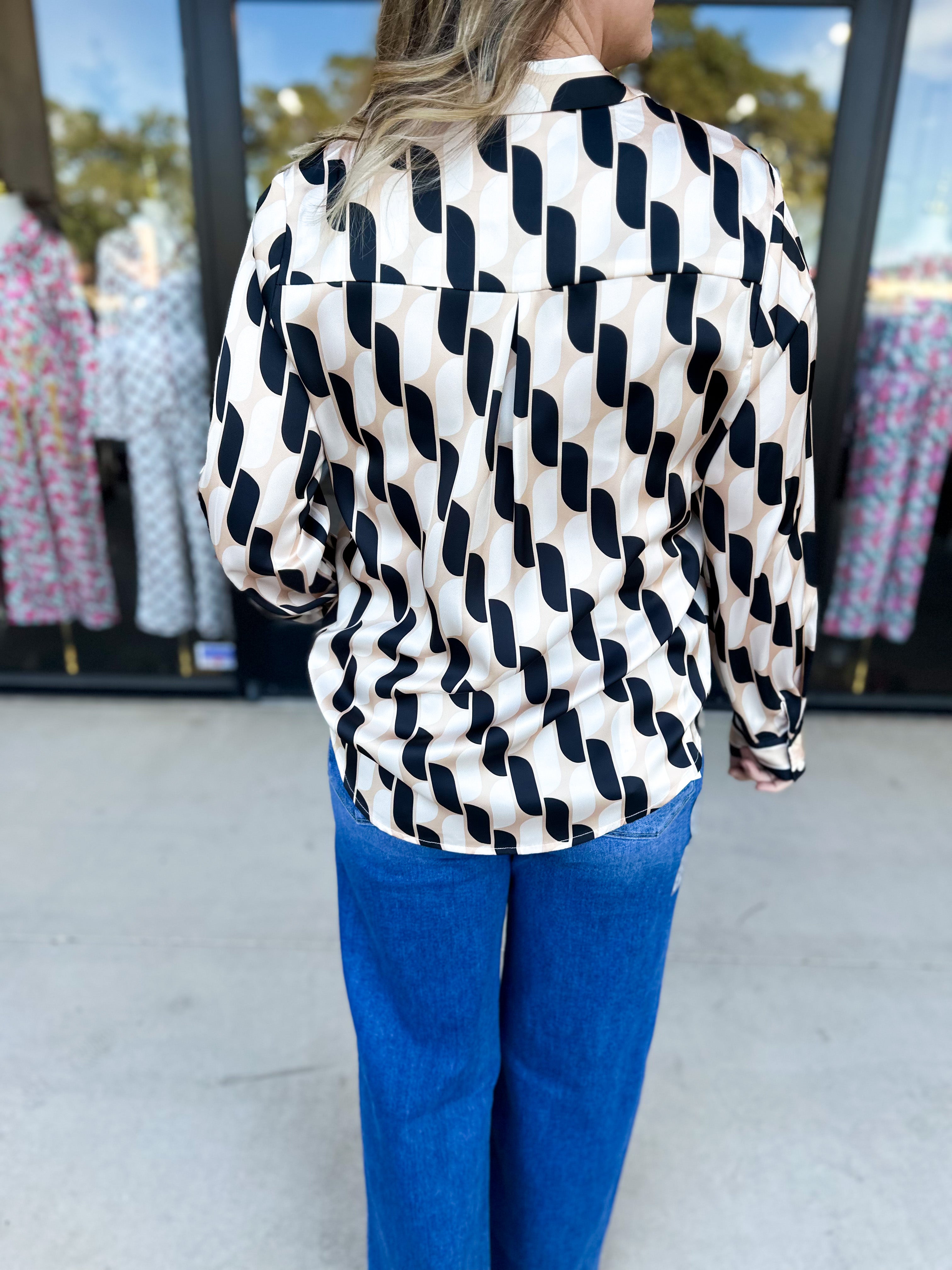 Retro Button Down Blouse-200 Fashion Blouses-SKIES ARE BLUE-July & June Women's Fashion Boutique Located in San Antonio, Texas