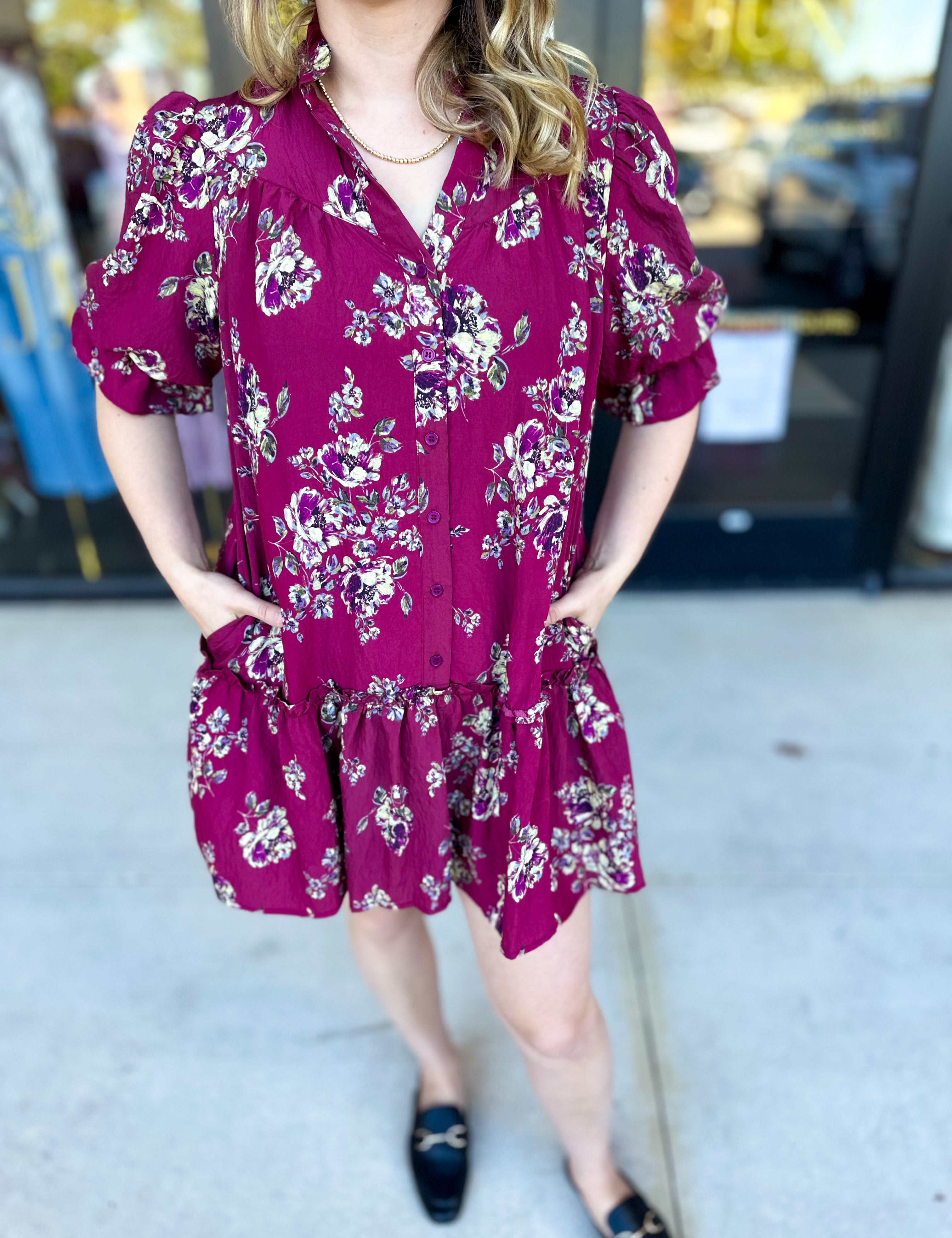 Red Plum Floral Mini Dress-510 Mini-FATE-July & June Women's Fashion Boutique Located in San Antonio, Texas