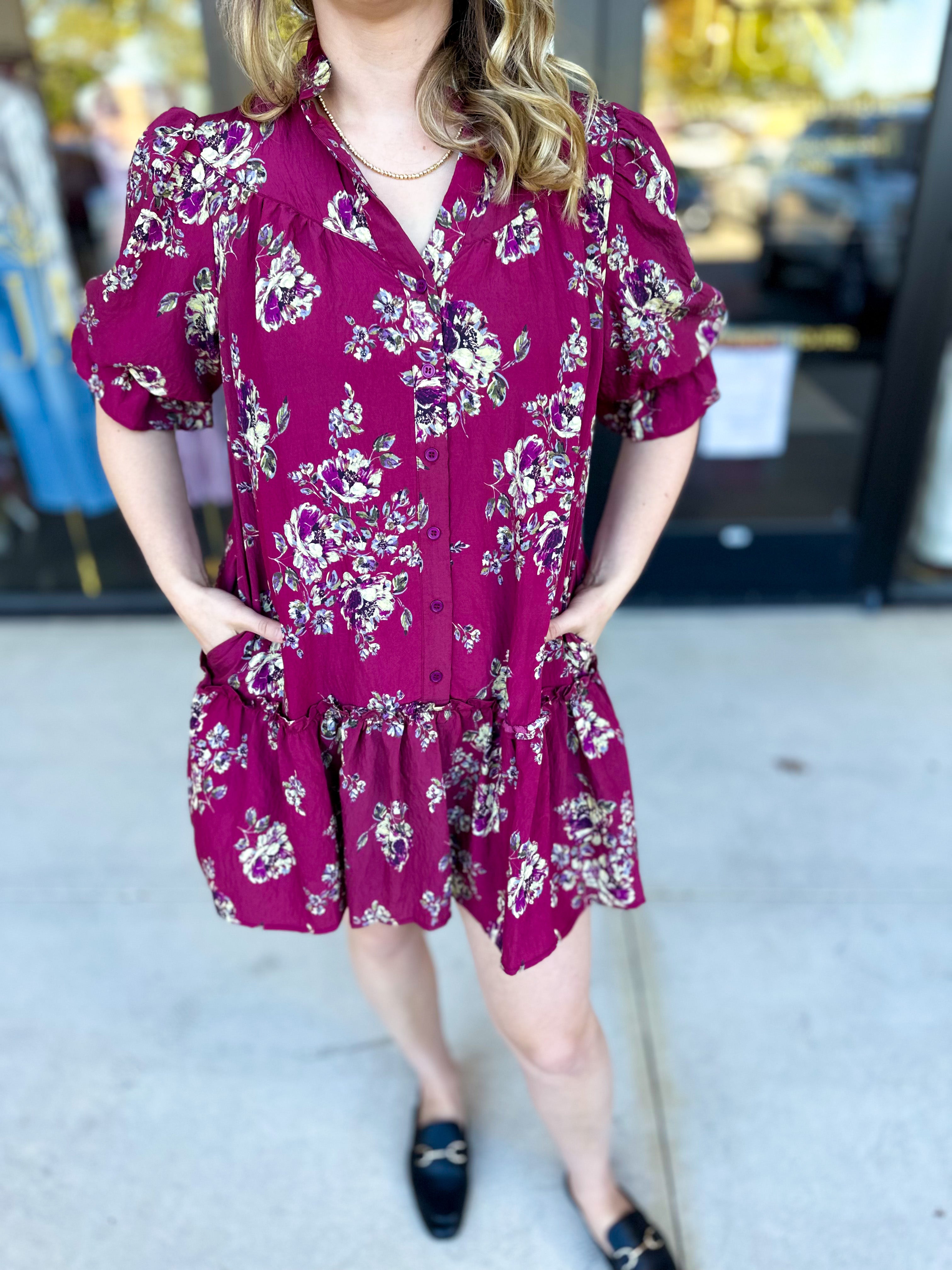 Red Plum Floral Mini Dress-510 Mini-FATE-July & June Women's Fashion Boutique Located in San Antonio, Texas