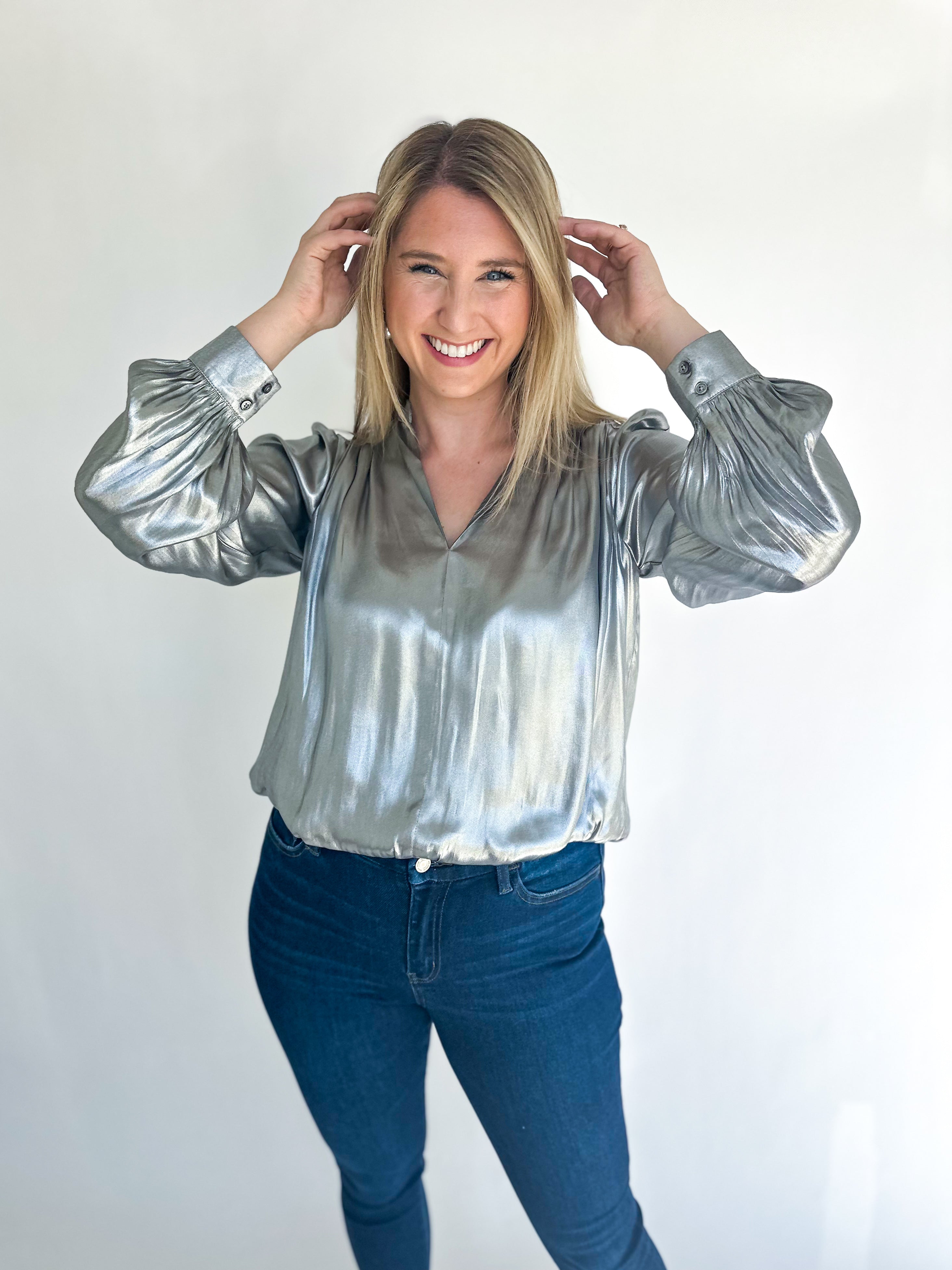 New Beginnings Bubble Hem Blouse - Silver-200 Fashion Blouses-CURRENT AIR CLOTHING-July & June Women's Fashion Boutique Located in San Antonio, Texas