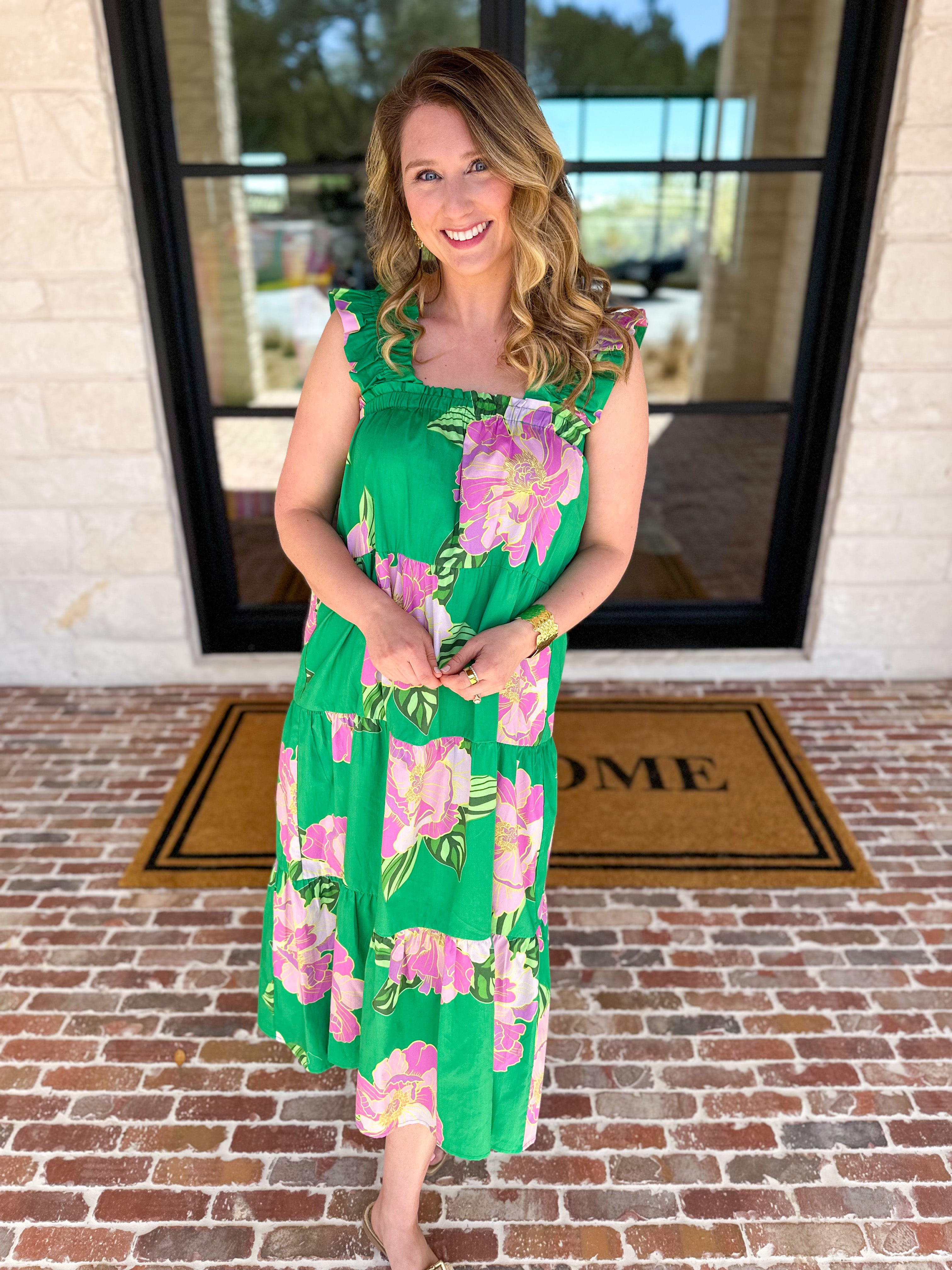 THML - Kelly Green Floral Tiered Midi Dress-500 Midi-THML-July & June Women's Fashion Boutique Located in San Antonio, Texas
