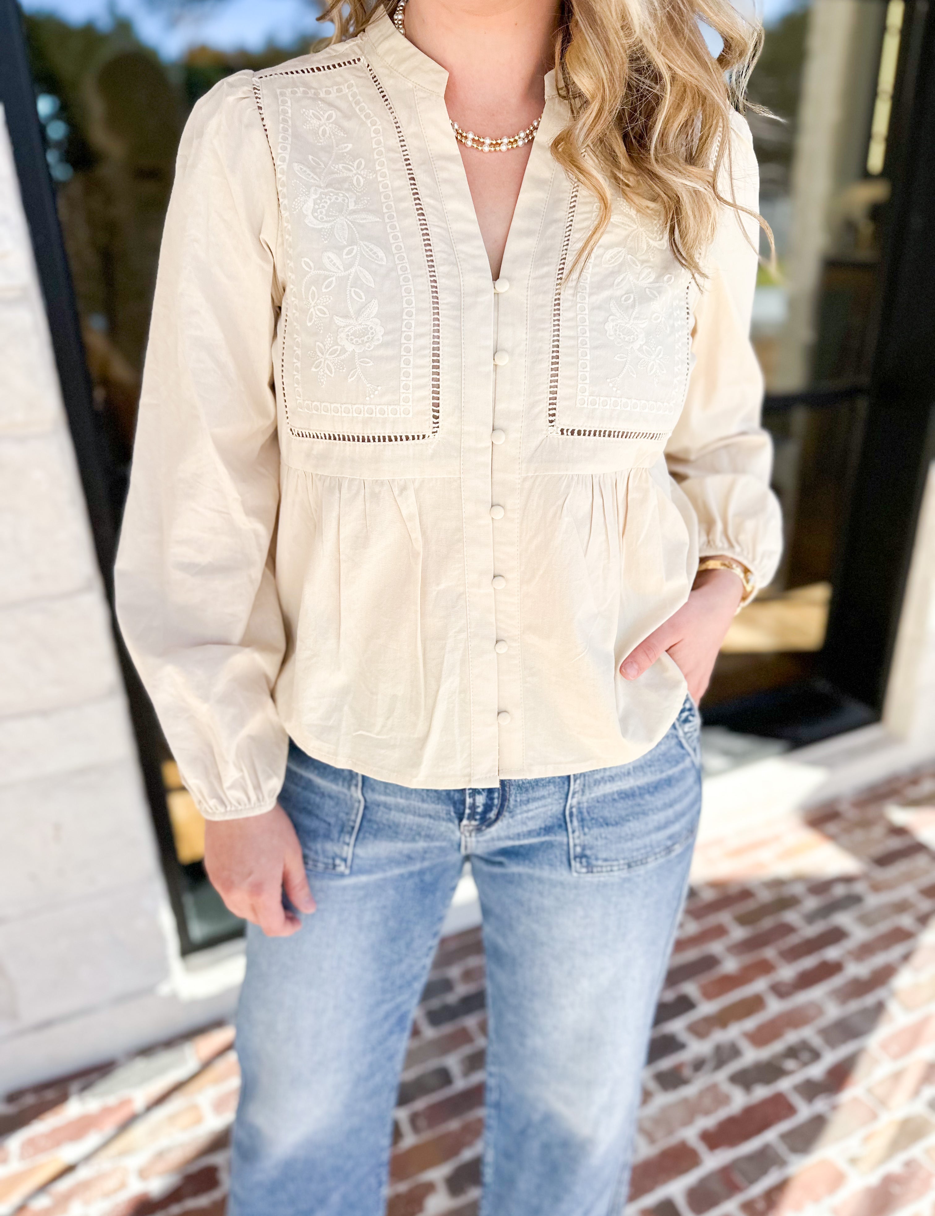 Cream Embroidered Peasant Blouse-200 Fashion Blouses-ABLE-July & June Women's Fashion Boutique Located in San Antonio, Texas