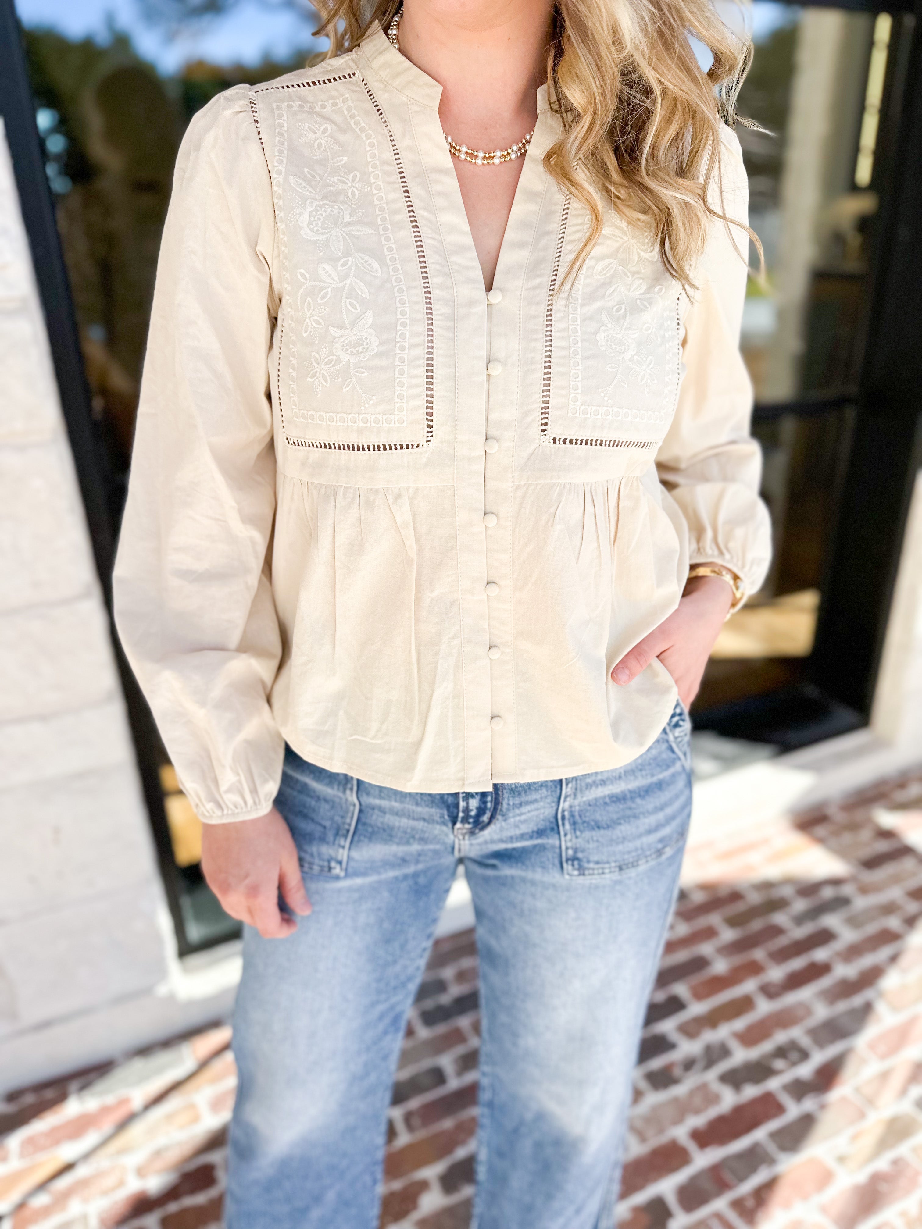 Cream Embroidered Peasant Blouse-200 Fashion Blouses-ABLE-July & June Women's Fashion Boutique Located in San Antonio, Texas