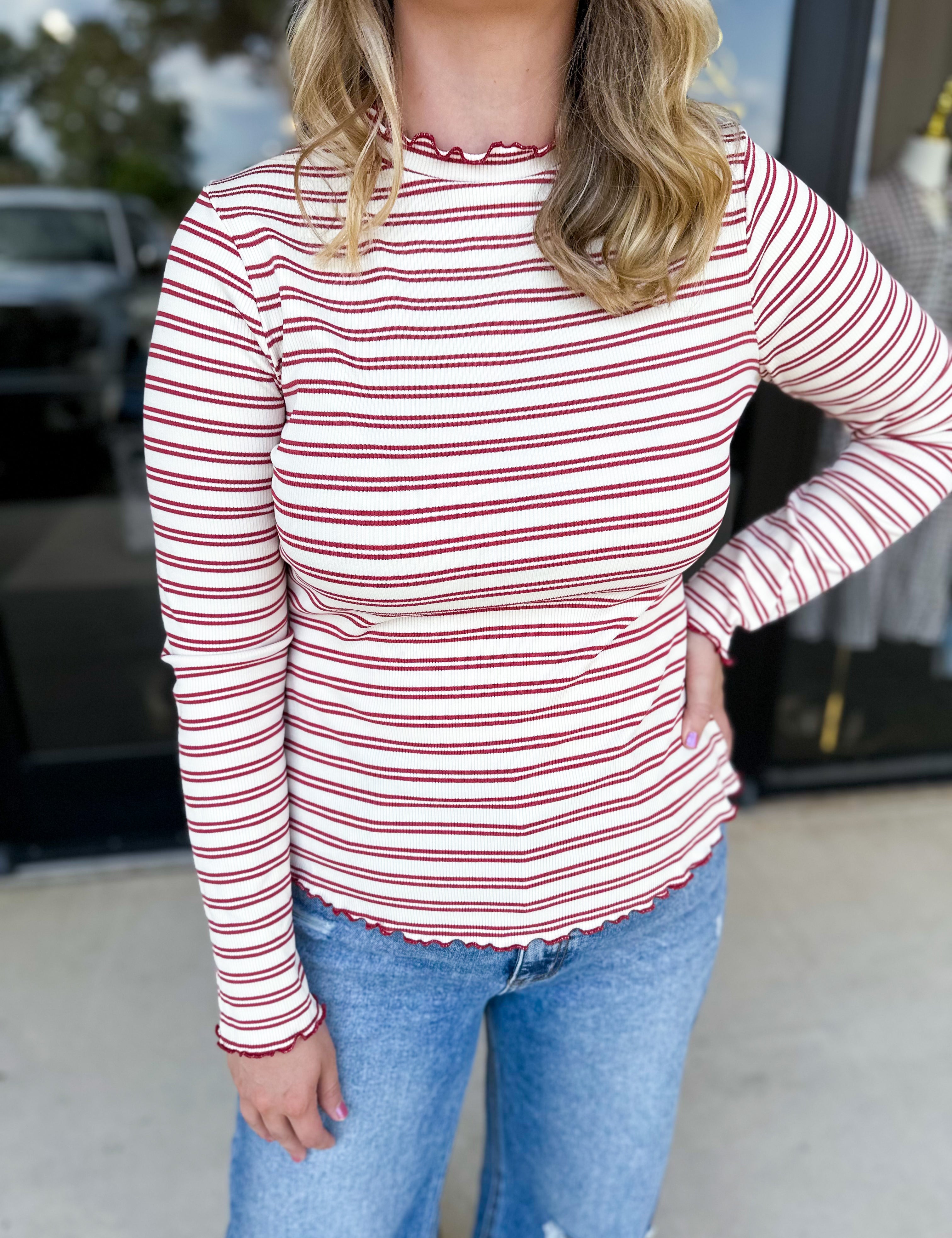 Stripe Mock Neck Long Sleeve - Marsala-210 Casual Blouses-POLOGRAM-July & June Women's Fashion Boutique Located in San Antonio, Texas