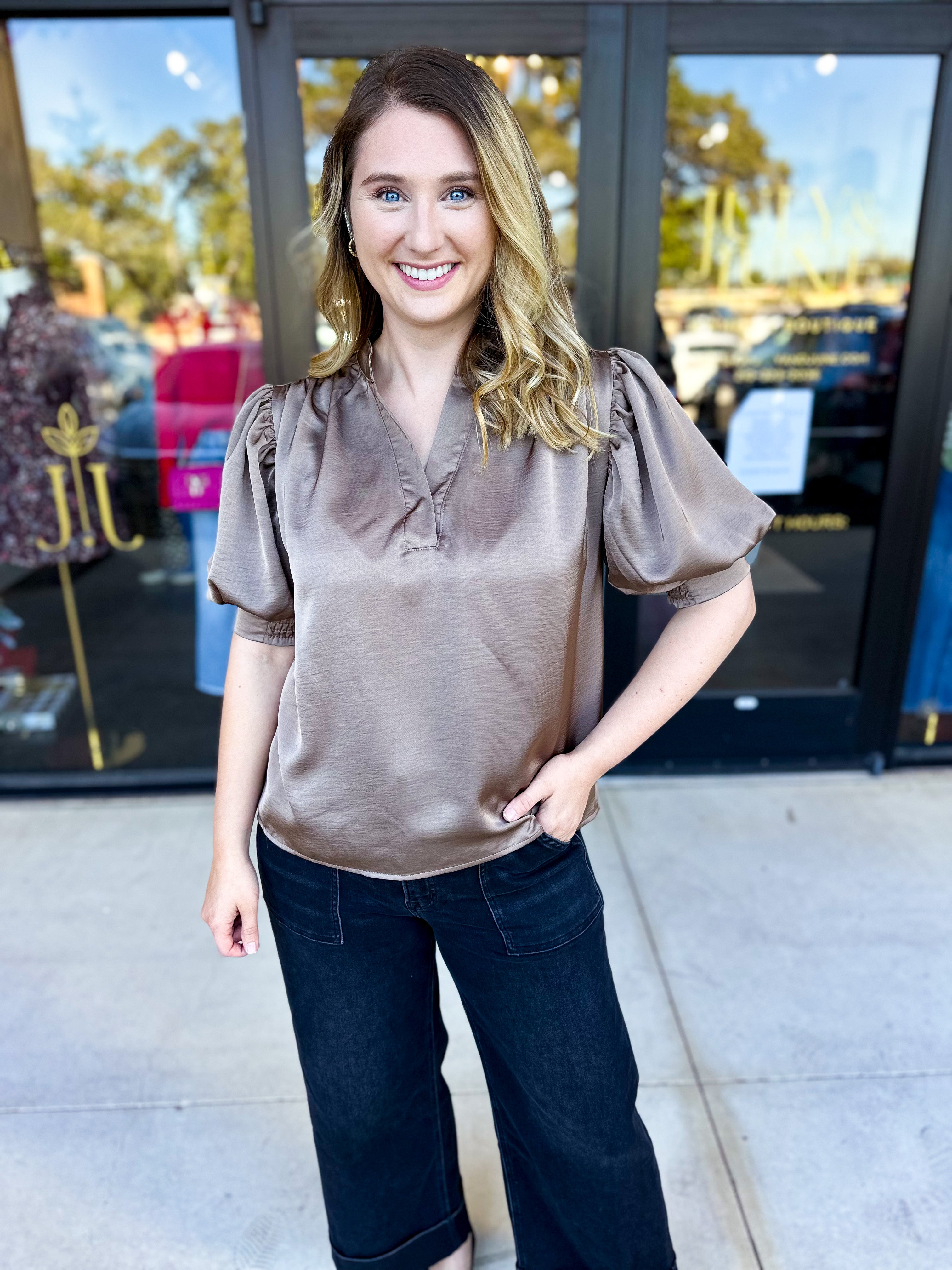Pink Friday Doorbuster - Puff Sleeve Satin Blouse - Mocha - ONLINE-PINK FRIDAY DOORBUSTERS-GLAM-July & June Women's Fashion Boutique Located in San Antonio, Texas