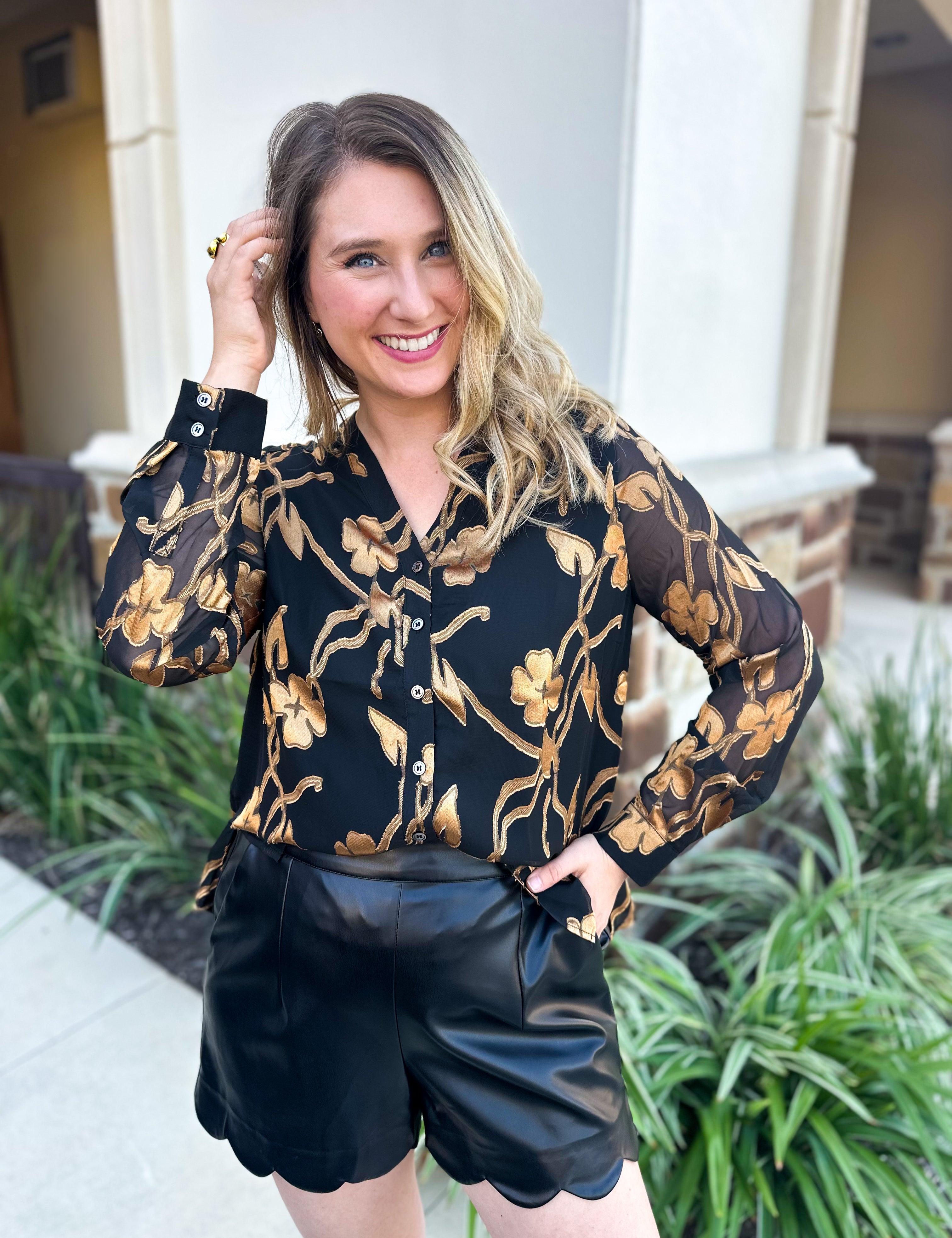 Current Air - Golden Floral Blouse-200 Fashion Blouses-CURRENT AIR CLOTHING-July & June Women's Fashion Boutique Located in San Antonio, Texas