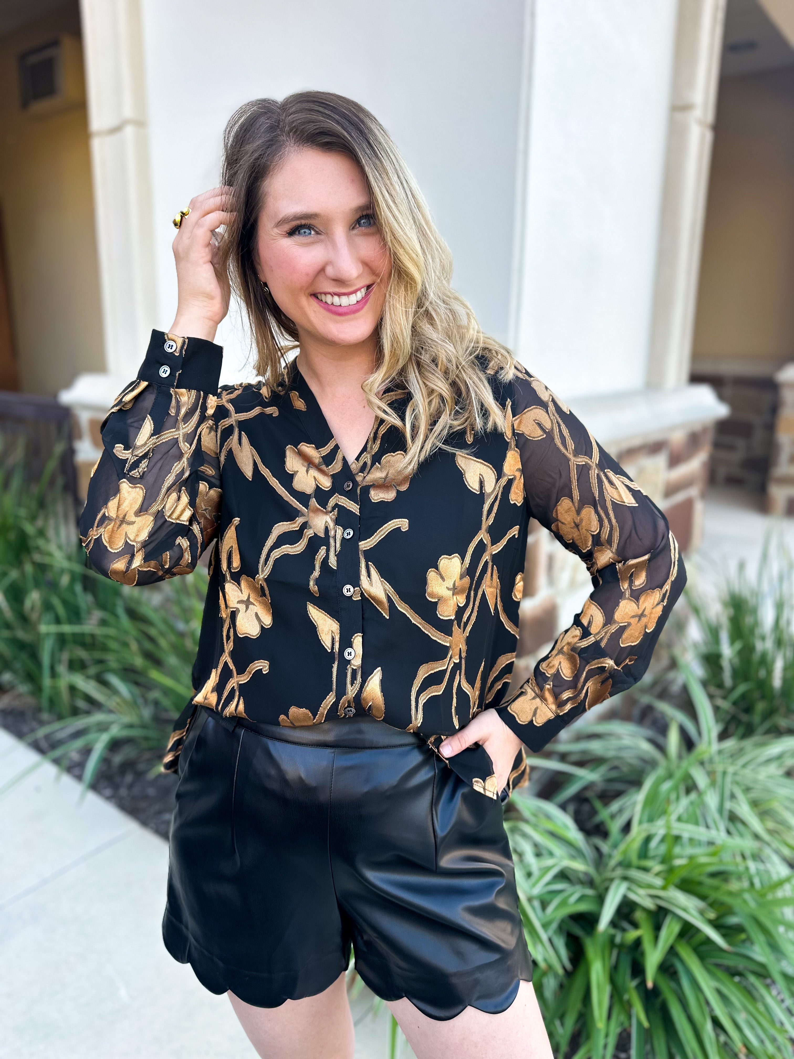 Current Air - Golden Floral Blouse-200 Fashion Blouses-CURRENT AIR CLOTHING-July & June Women's Fashion Boutique Located in San Antonio, Texas