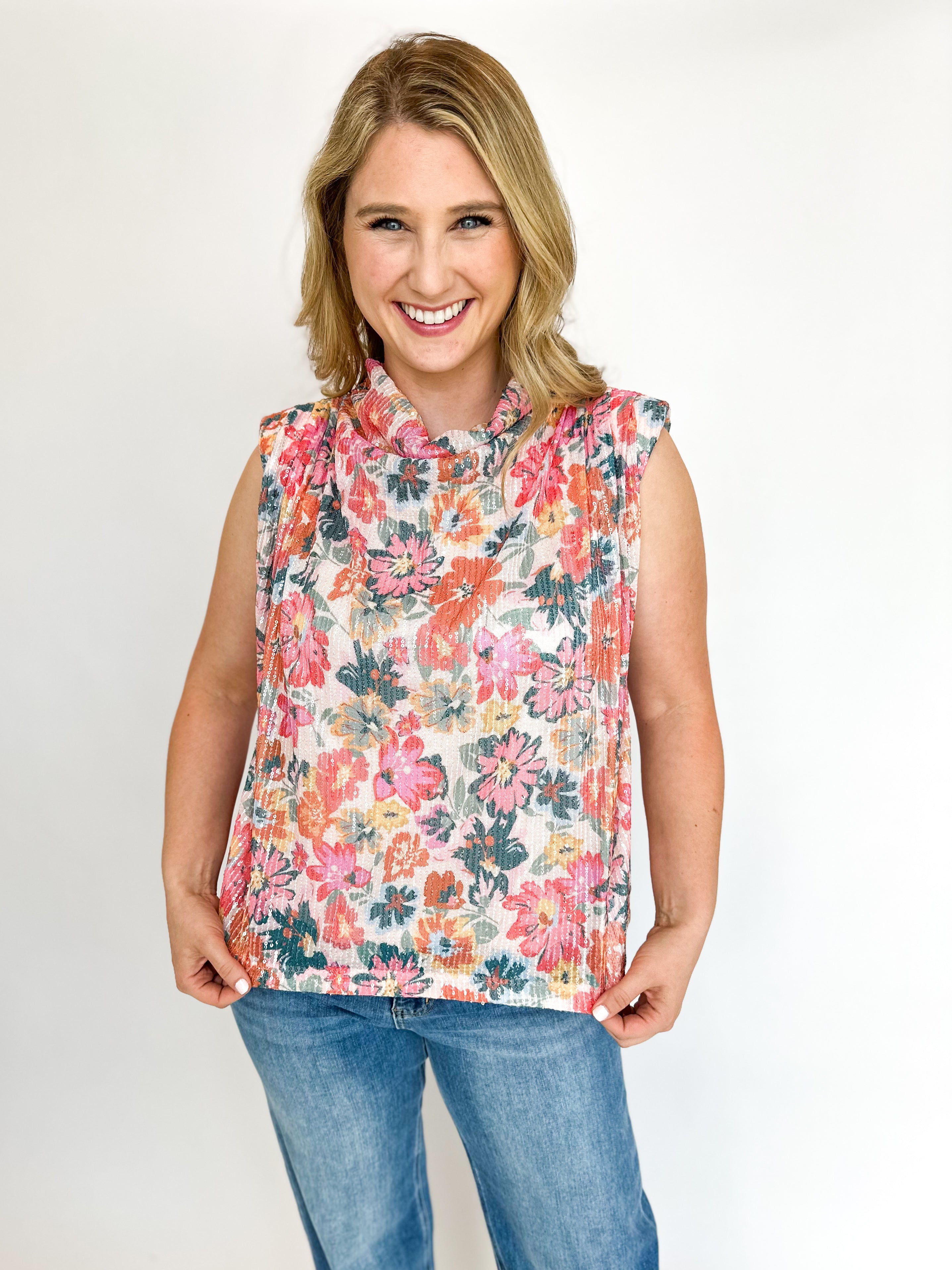 Sequin Floral Blouse-200 Fashion Blouses-FATE-July & June Women's Fashion Boutique Located in San Antonio, Texas