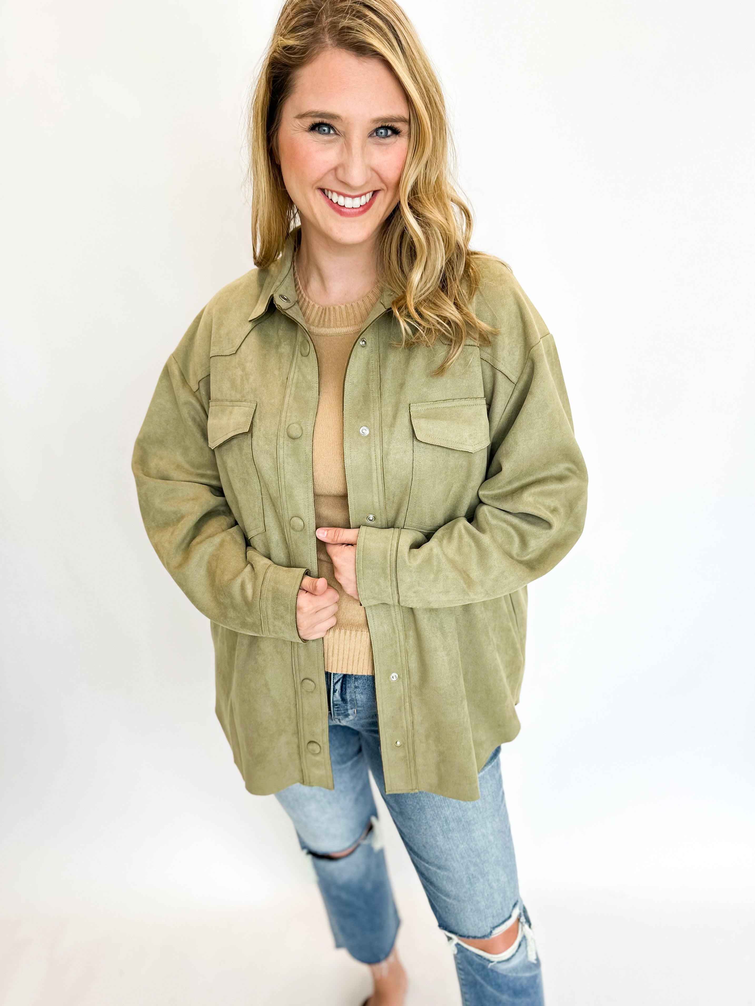 Suede Shaket - Sage-600 Outerwear-FATE-July & June Women's Fashion Boutique Located in San Antonio, Texas