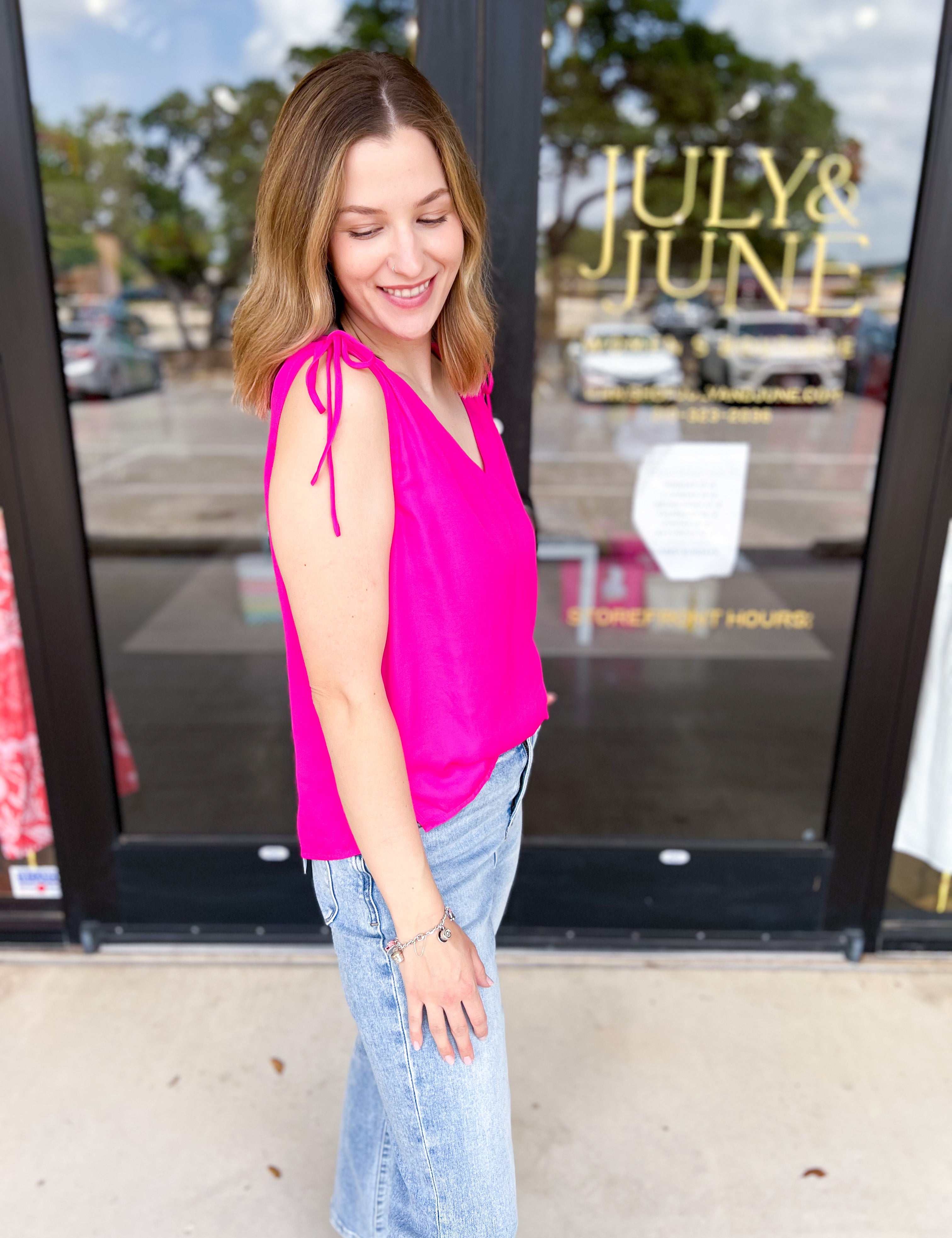 Elevated Shoulder Tie Tank- Hot Pink-200 Fashion Blouses-SKIES ARE BLUE-July & June Women's Fashion Boutique Located in San Antonio, Texas