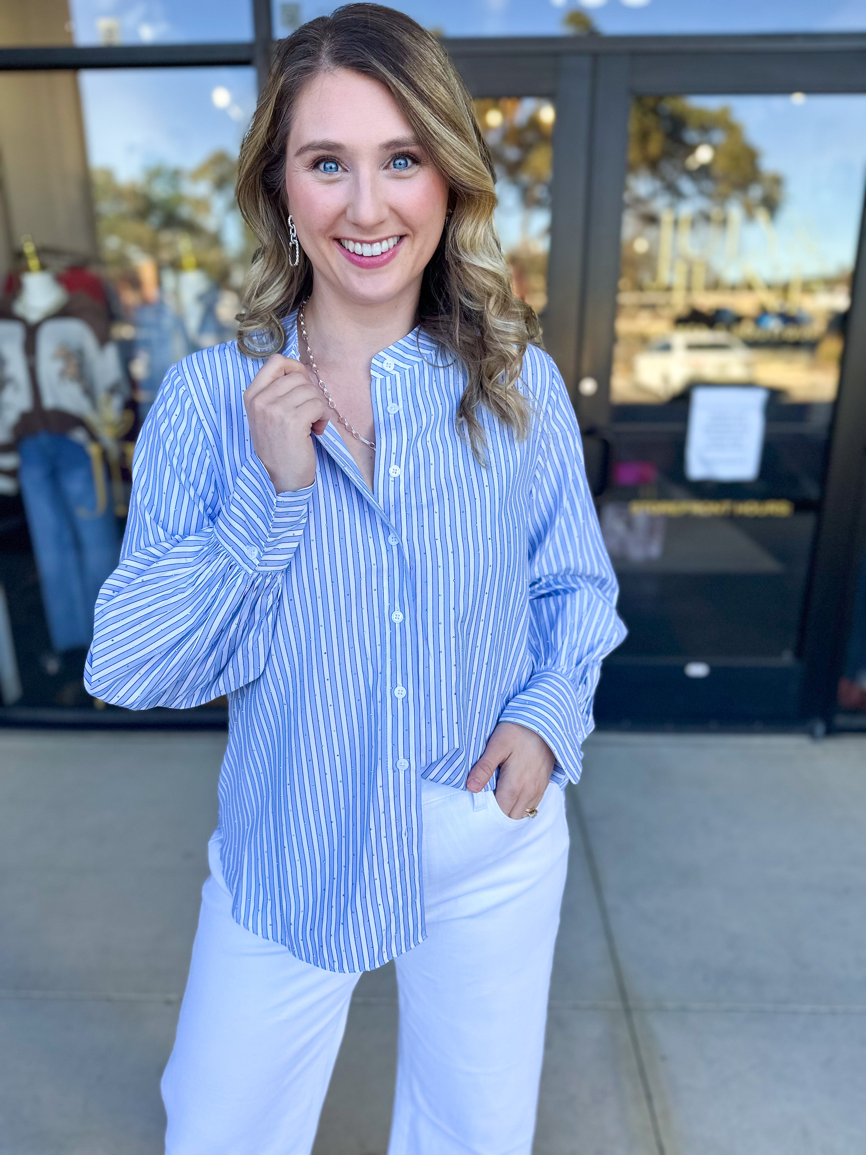 Current Air - Rhinestone Button Down Blouse - Light Blue-200 Fashion Blouses-CURRENT AIR CLOTHING-July & June Women's Fashion Boutique Located in San Antonio, Texas