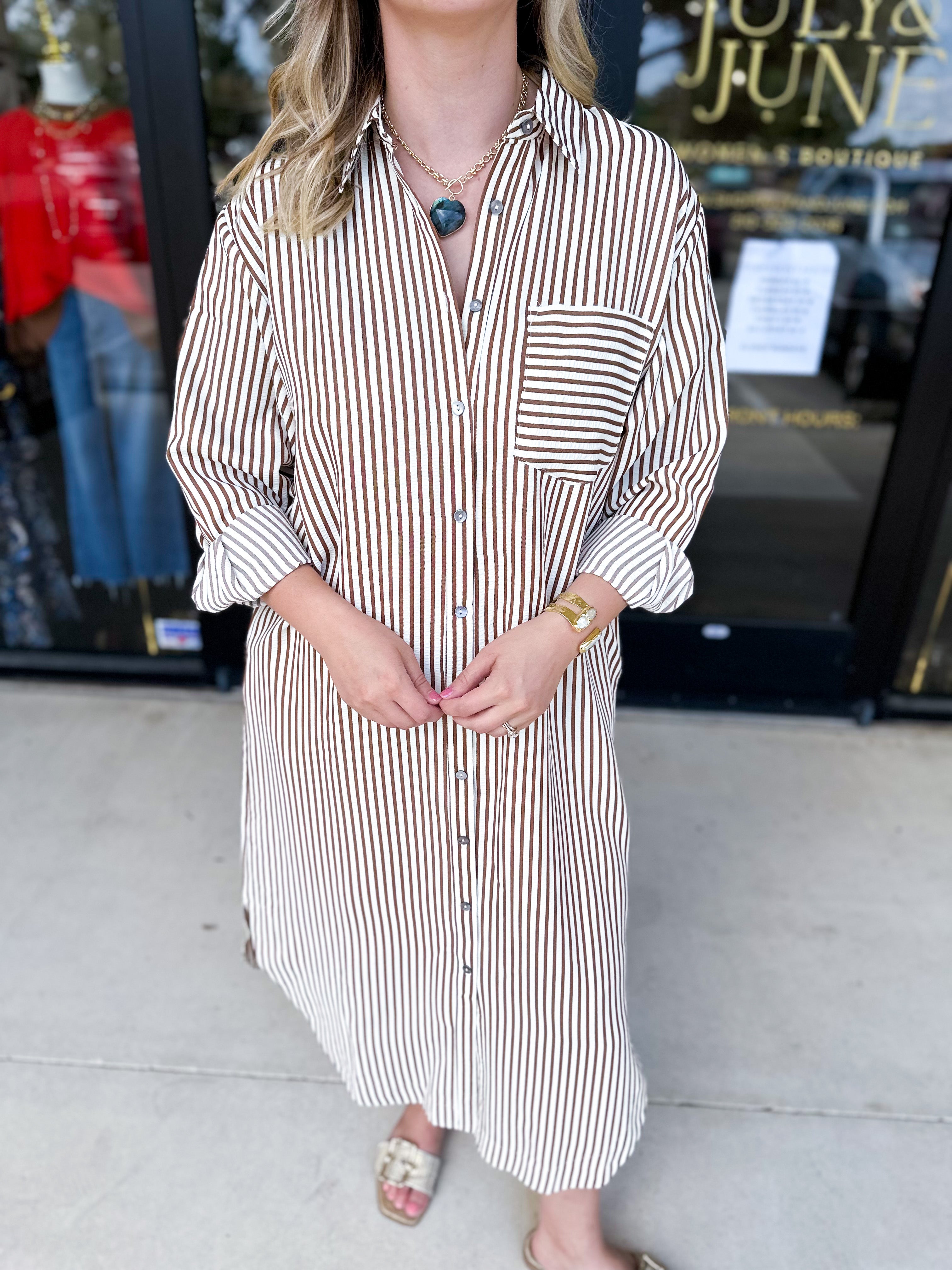 Button Down Casual Midi Dress - Carmel-500 Midi-ENTRO-July & June Women's Fashion Boutique Located in San Antonio, Texas