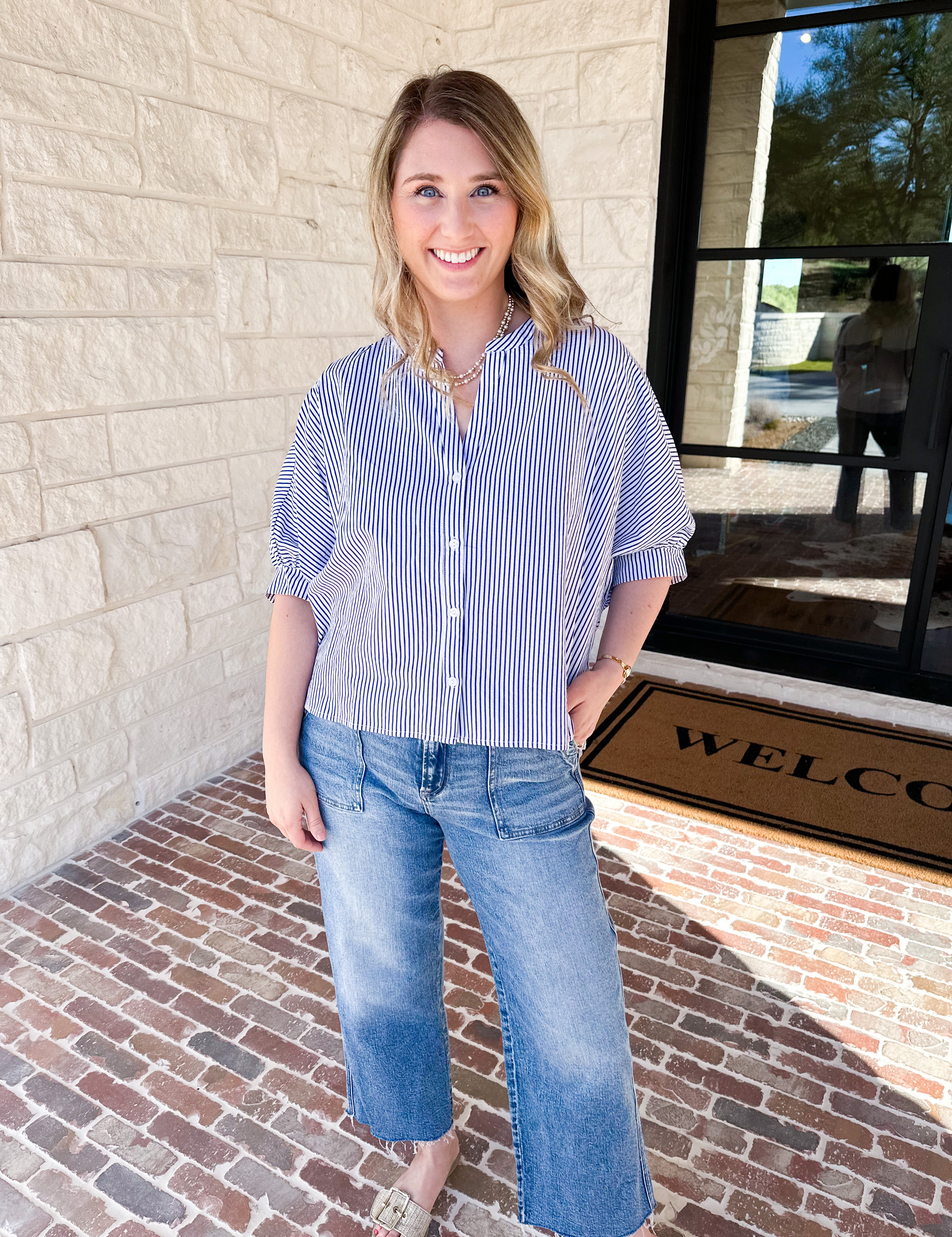 Stripe Dolman Blouse - Navy-200 Fashion Blouses-ALLIE ROSE-July & June Women's Fashion Boutique Located in San Antonio, Texas