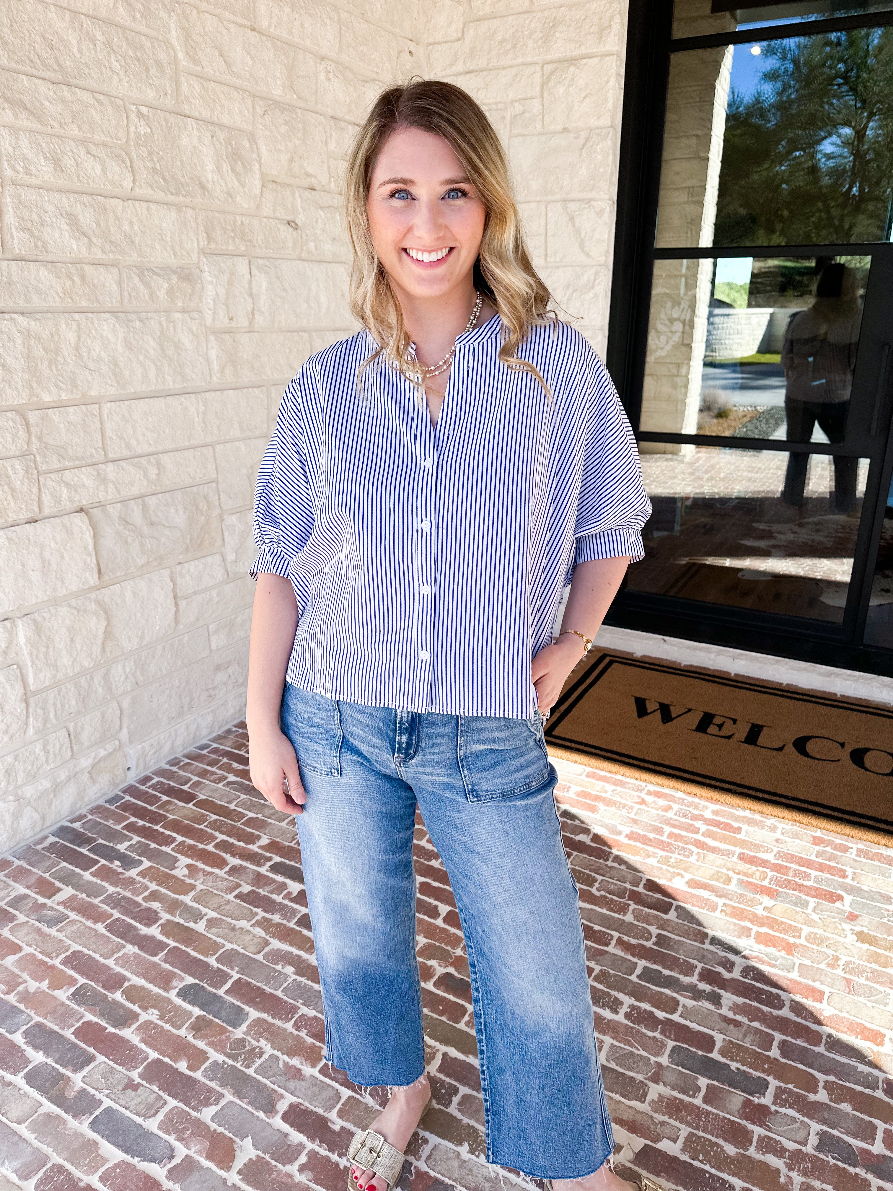 Stripe Dolman Blouse - Navy-200 Fashion Blouses-ALLIE ROSE-July & June Women's Fashion Boutique Located in San Antonio, Texas