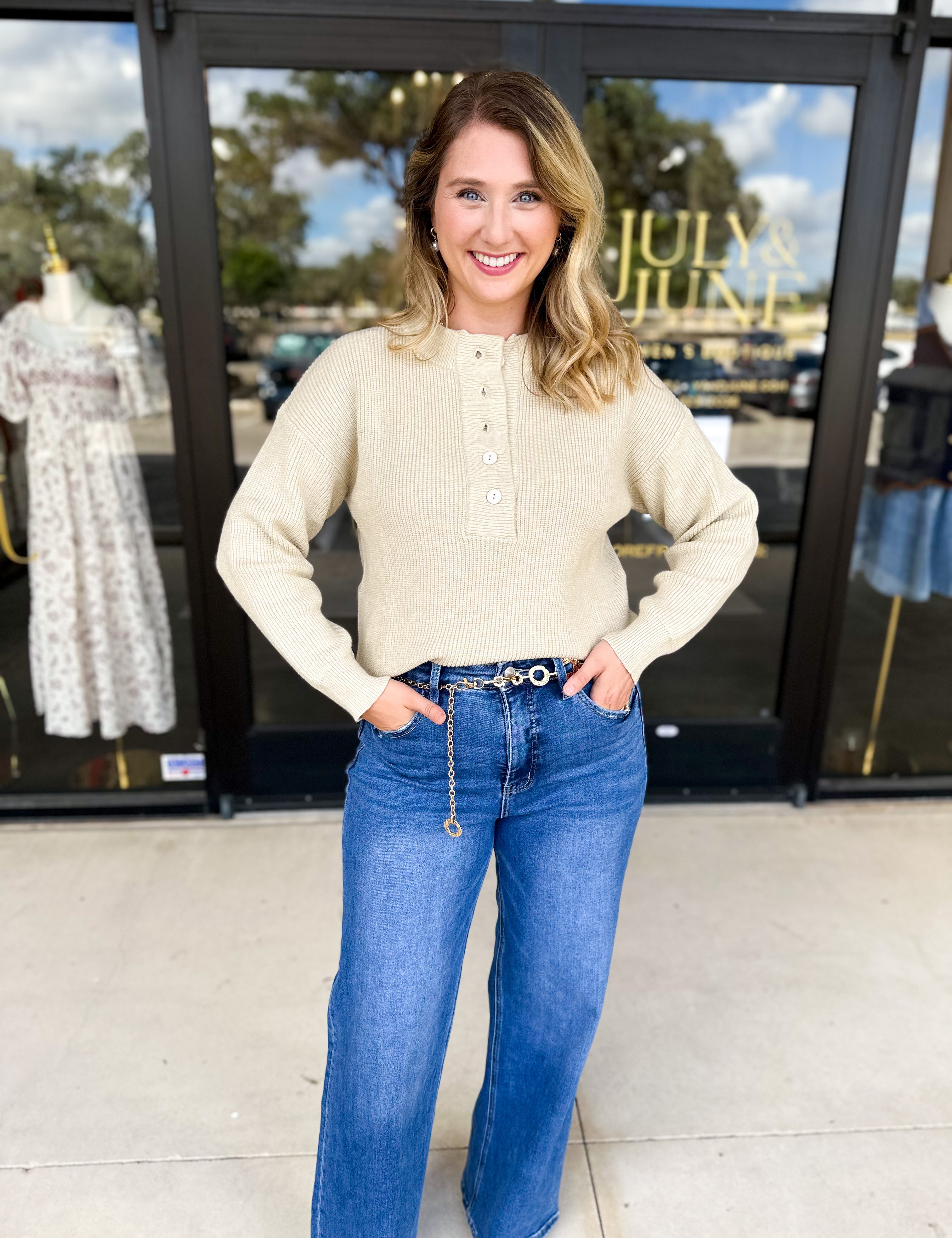 The Everyday Henley Sweater - Oatmeal-230 Sweaters/Cardis-JODIFL-July & June Women's Fashion Boutique Located in San Antonio, Texas