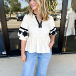 Ecru & Black Embroidered Blouse-200 Fashion Blouses-ENTRO-July & June Women's Fashion Boutique Located in San Antonio, Texas