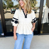 Ecru & Black Embroidered Blouse-200 Fashion Blouses-ENTRO-July & June Women's Fashion Boutique Located in San Antonio, Texas