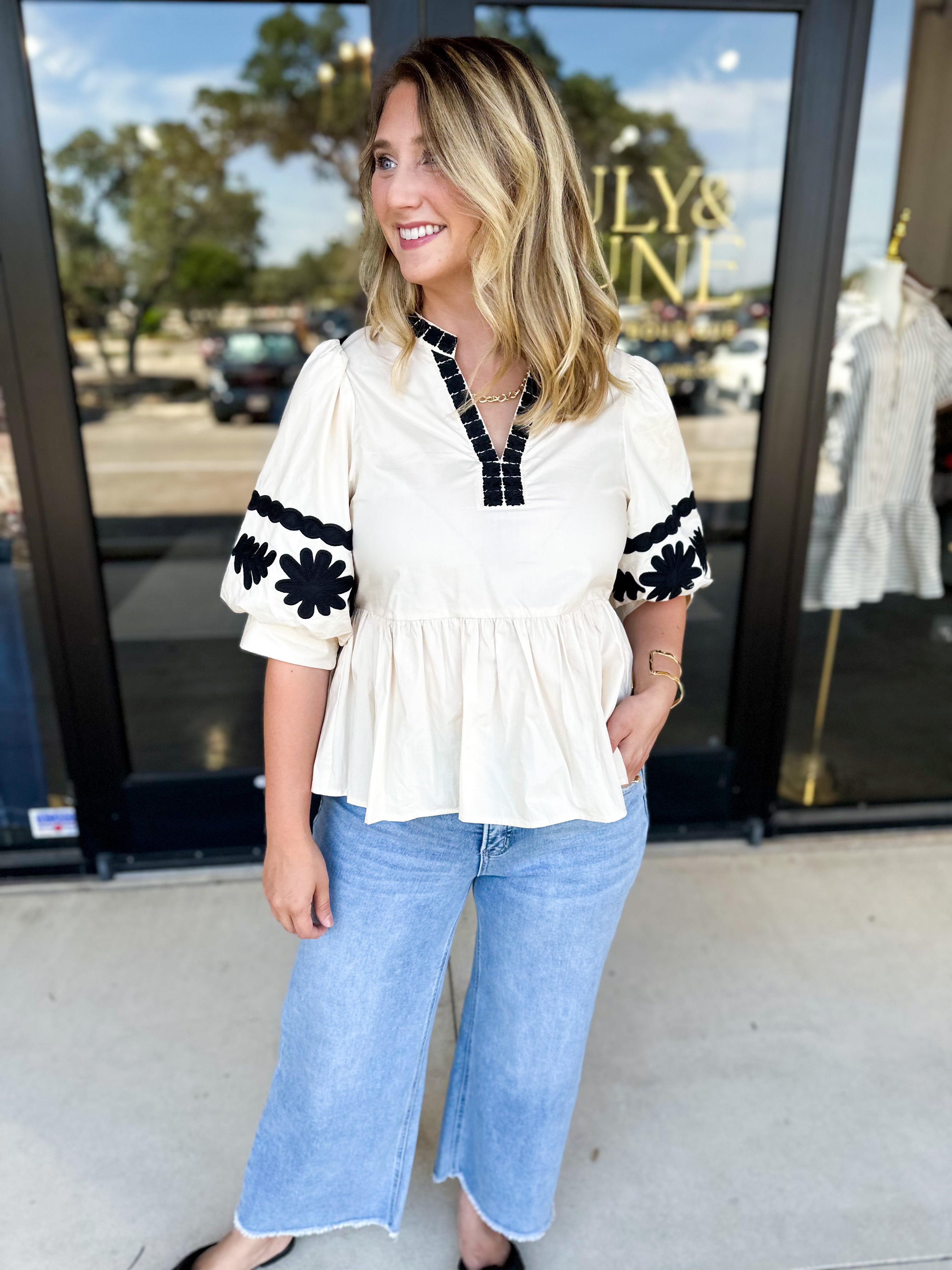 Ecru & Black Embroidered Blouse-200 Fashion Blouses-ENTRO-July & June Women's Fashion Boutique Located in San Antonio, Texas