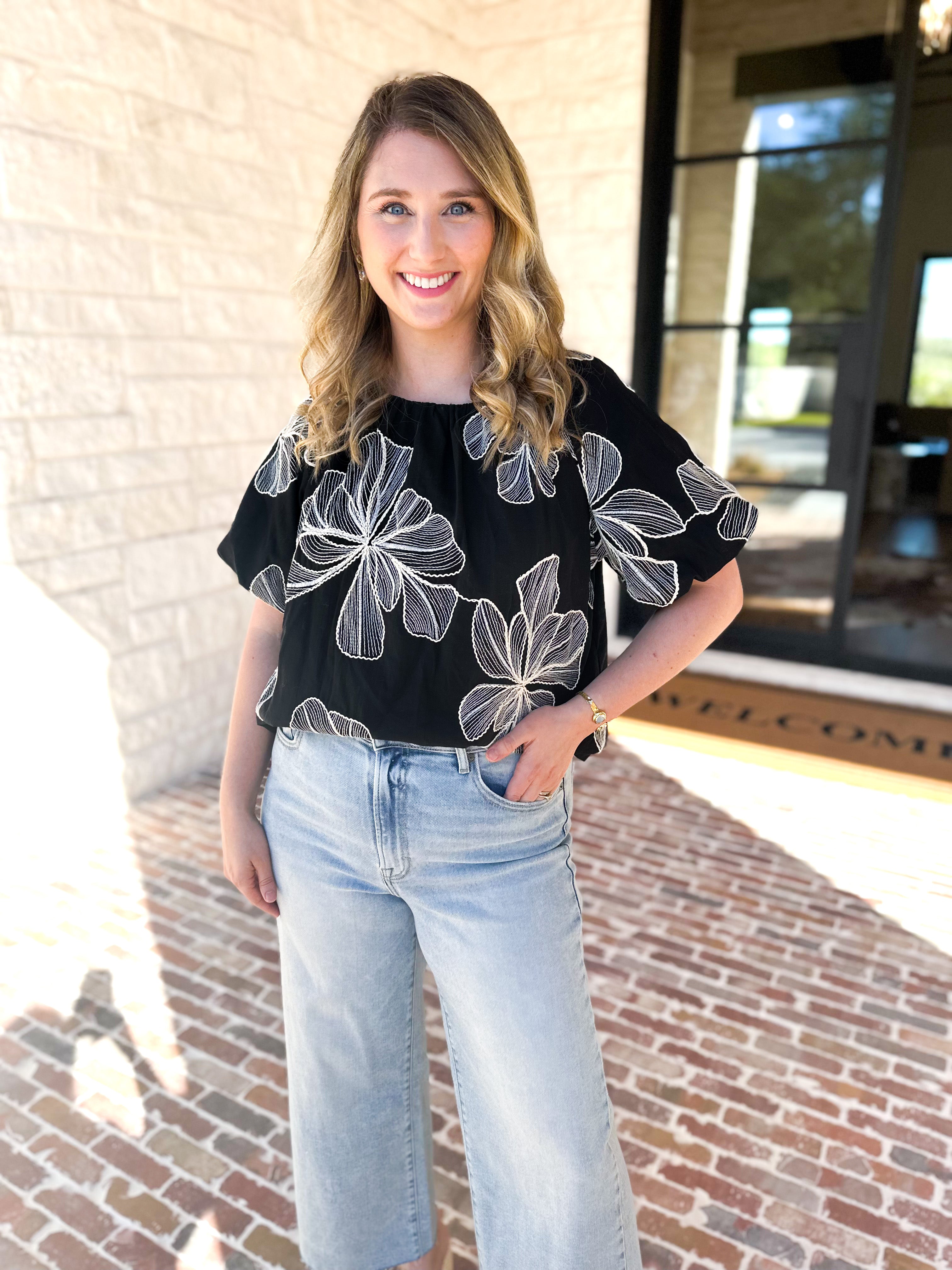 THML - Black & White Flower Power Blouse-200 Fashion Blouses-THML-July & June Women's Fashion Boutique Located in San Antonio, Texas