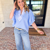Seersucker Sweet Blouse - Light Blue-200 Fashion Blouses-ENTRO-July & June Women's Fashion Boutique Located in San Antonio, Texas