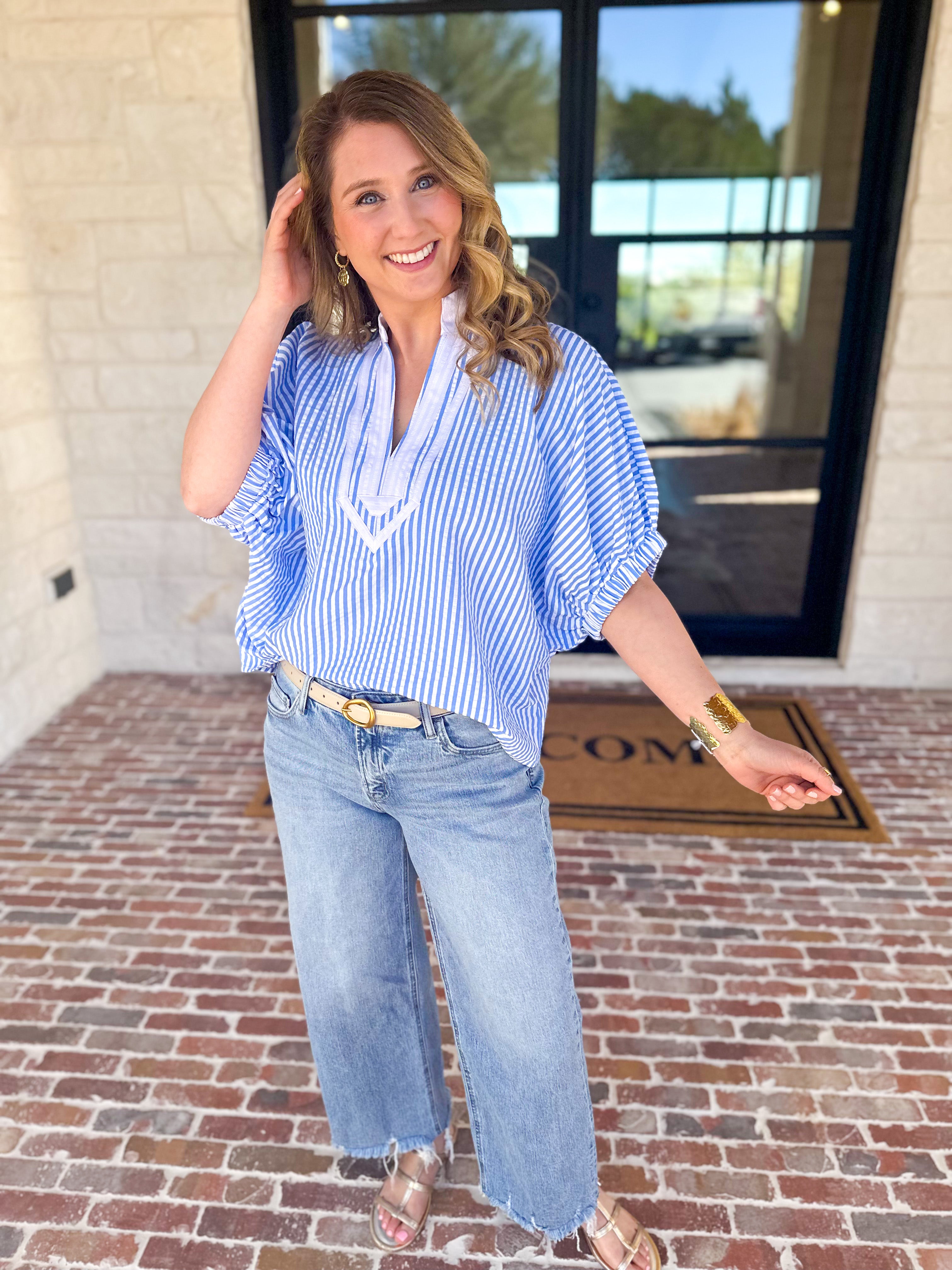 Seersucker Sweet Blouse - Light Blue-200 Fashion Blouses-ENTRO-July & June Women's Fashion Boutique Located in San Antonio, Texas