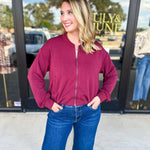 Soft Modal Bomber Jacket - Wine-300 Athleisure/Lounge-SKIES ARE BLUE-July & June Women's Fashion Boutique Located in San Antonio, Texas