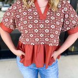 The Fall Peplum Top - Rust-200 Fashion Blouses-ENTRO-July & June Women's Fashion Boutique Located in San Antonio, Texas