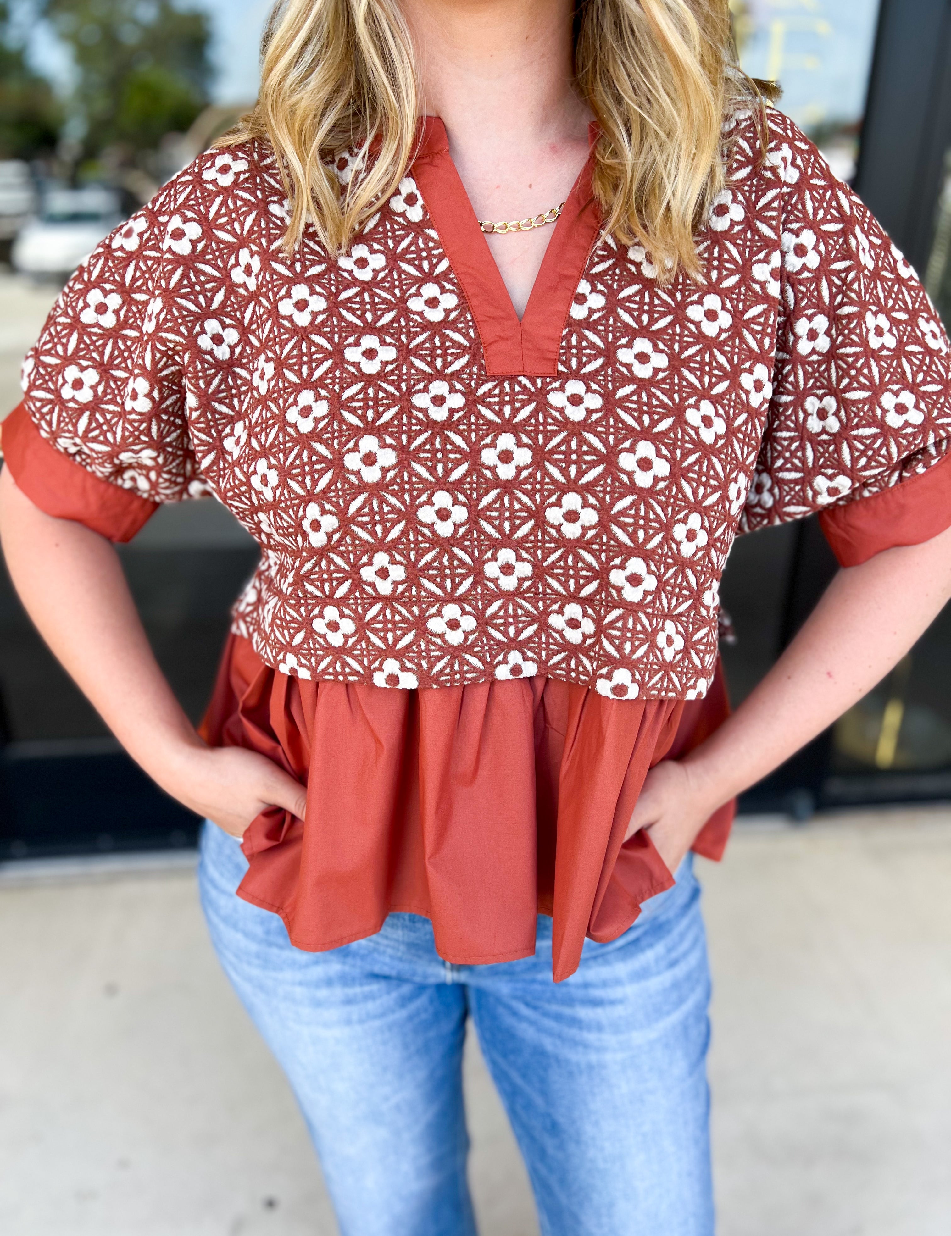 The Fall Peplum Top - Rust-200 Fashion Blouses-ENTRO-July & June Women's Fashion Boutique Located in San Antonio, Texas