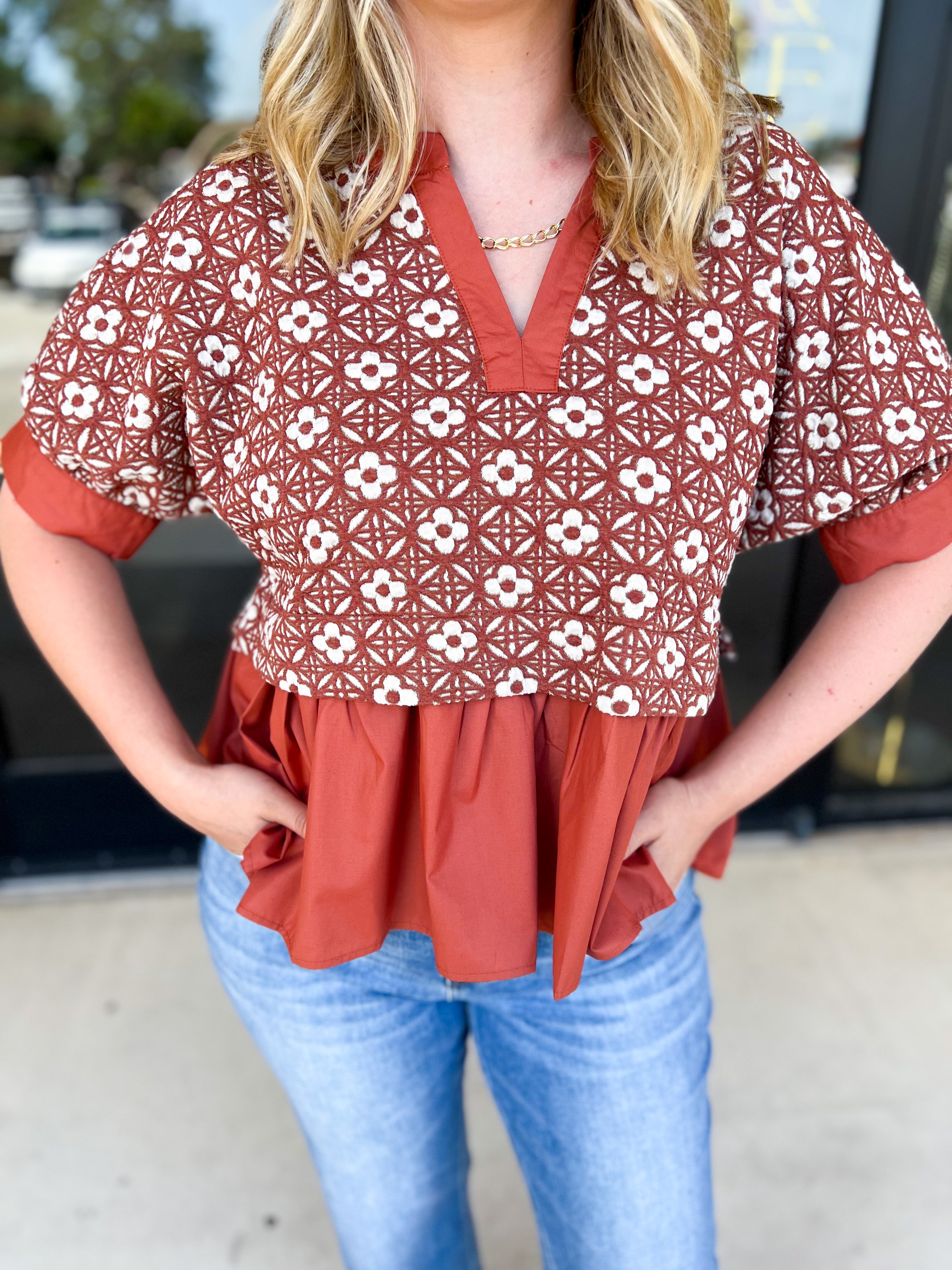 The Fall Peplum Top - Rust-200 Fashion Blouses-ENTRO-July & June Women's Fashion Boutique Located in San Antonio, Texas