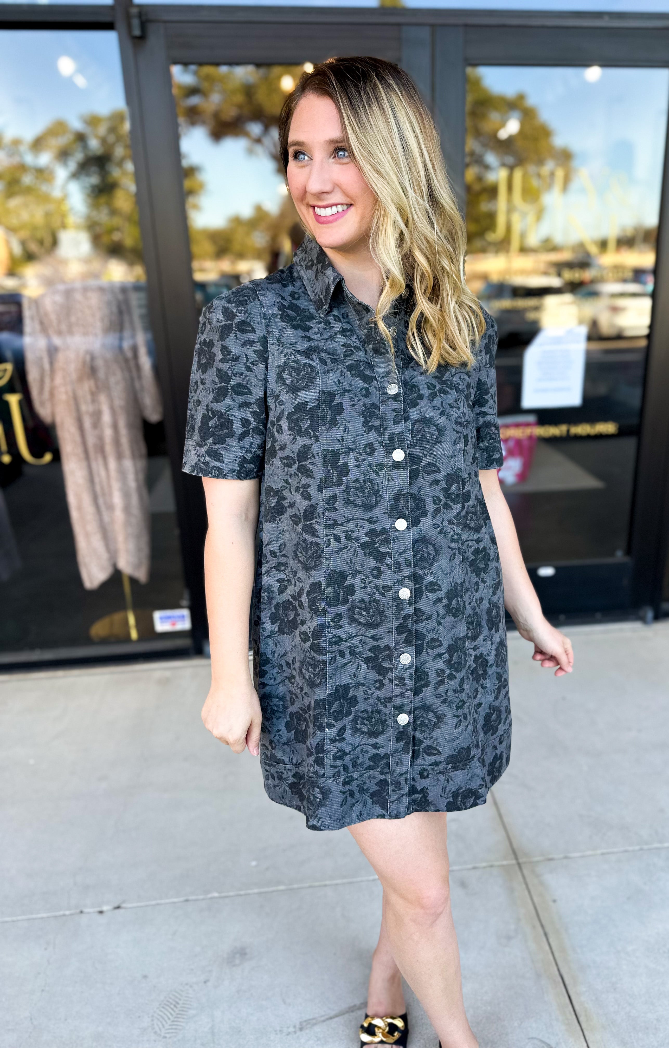 The Rosie Denim Mini Dress - Charcoal-510 Mini-ENTRO-July & June Women's Fashion Boutique Located in San Antonio, Texas
