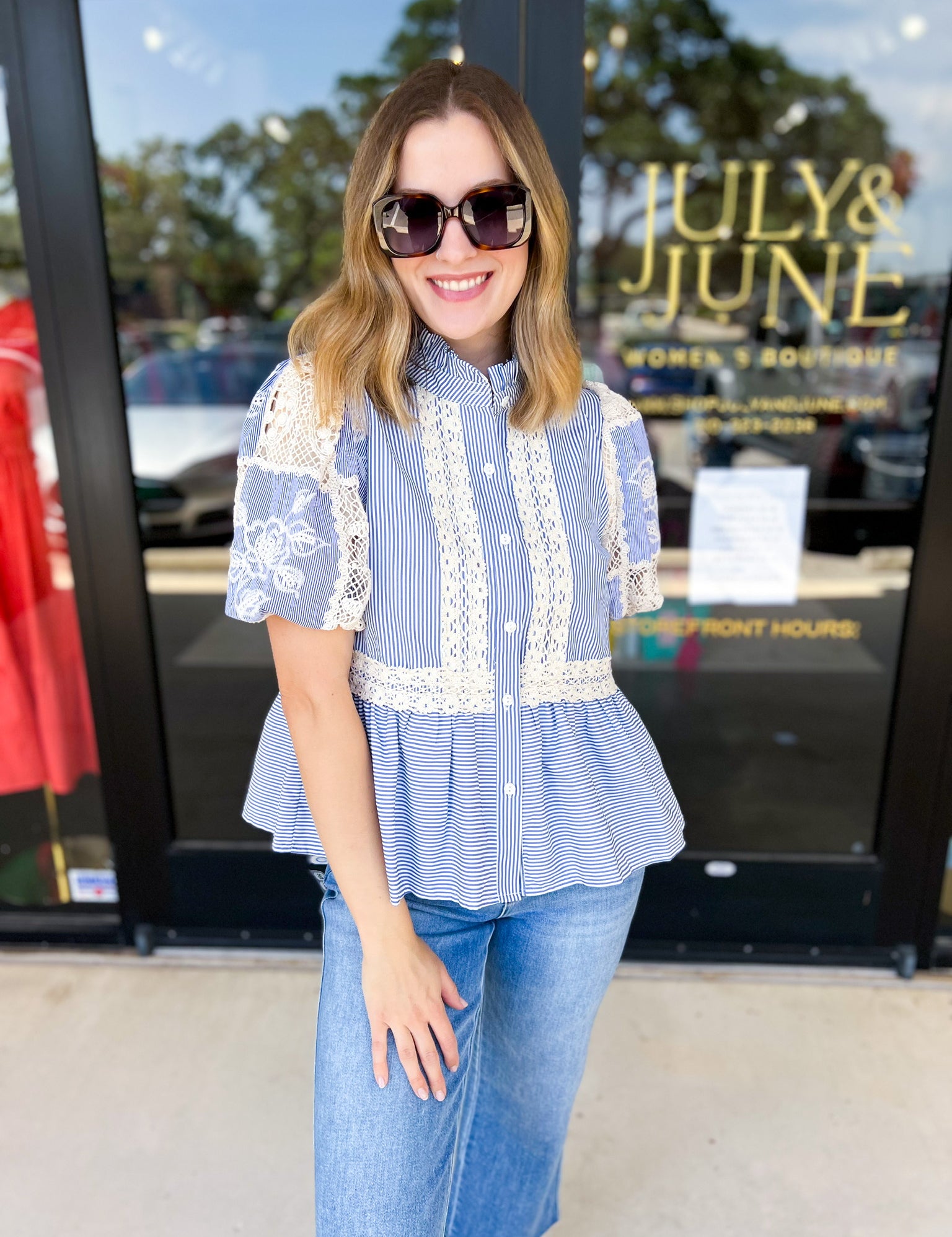 Blue Skies Crochet Blouse-200 Fashion Blouses-ENTRO-July & June Women's Fashion Boutique Located in San Antonio, Texas