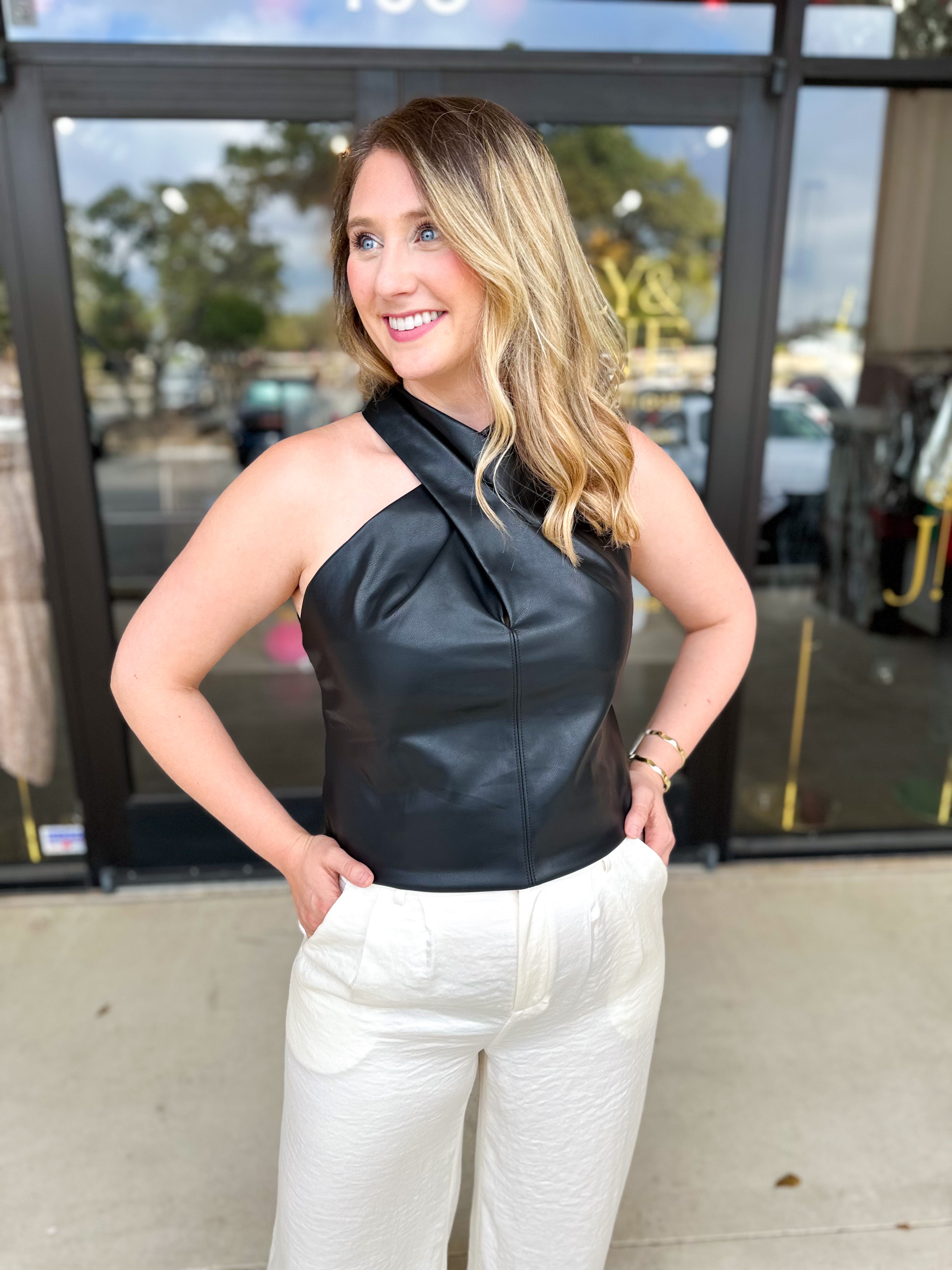 Faux Leather Halter Tank Top-200 Fashion Blouses-FATE-July & June Women's Fashion Boutique Located in San Antonio, Texas