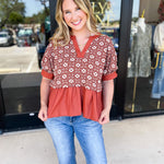 The Fall Peplum Top - Rust-200 Fashion Blouses-ENTRO-July & June Women's Fashion Boutique Located in San Antonio, Texas